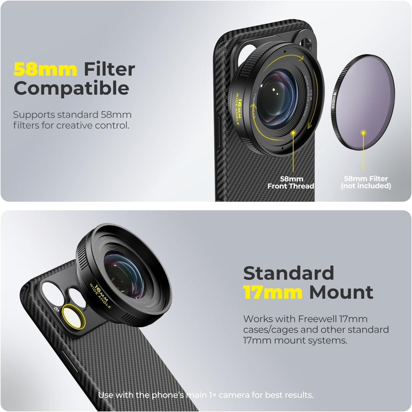 Freewell 16mm Wide Angle Lens and Slide-On Lens Filter Kit Compatible with 17mm Mount iPhone & Samsung
