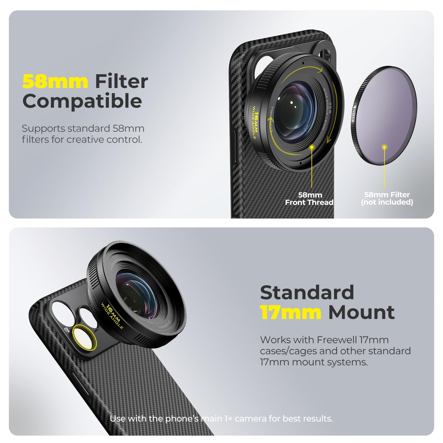Freewell Objectif Grand Angle 16mm pour iPhone & Samsung - 105° FOV, Close Focus 0.5m - Parfait pour Paysages, Architecture