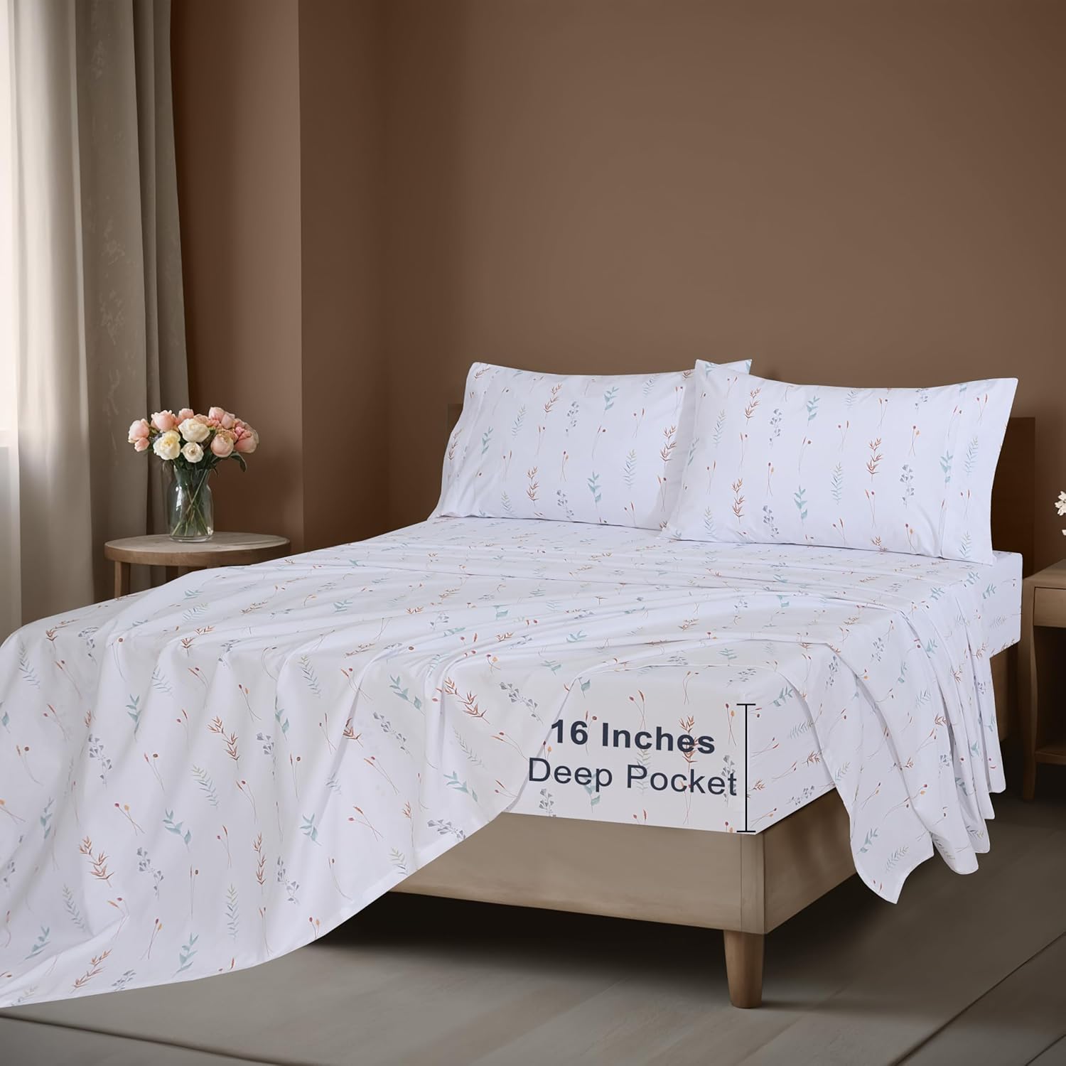 ZOYER 100% Cotton Sheets – Queen Size Percale Bedding, Cooling & Breathable, Durable with a Crisp, Soft & Comfortable Feel, 16" Deep Pocket, 4-Piece Set, Fairy Meadows - Image 6