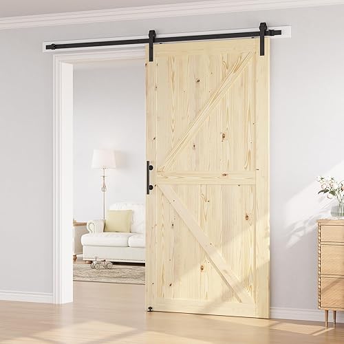 Miniatura 34 de SMARTSTANDARD Puerta corredera de granero de 30 x 80 pulgadas con kit de herrajes para puerta de granero de 5 pies incluido, puerta de madera maciza