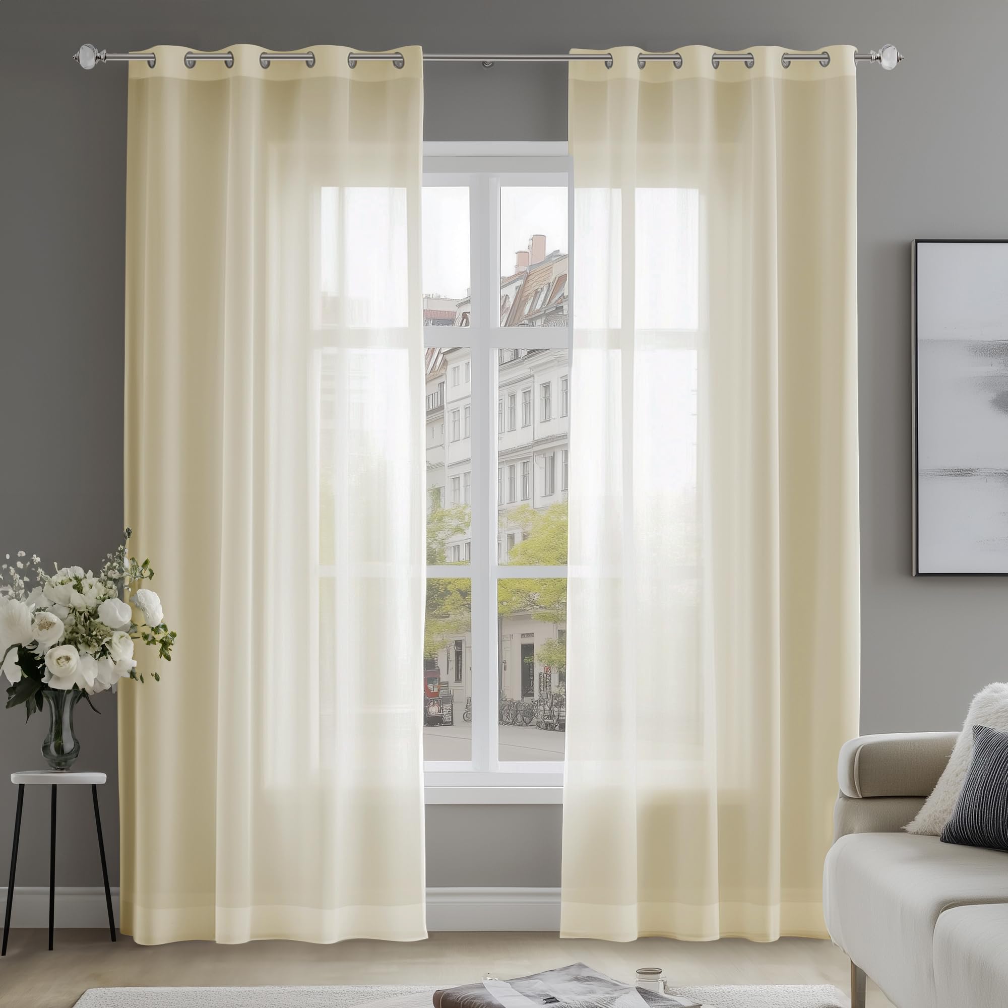 Deconovo Eyelet Net Curtains, Semi Transparent SheerCurtains, Voile Curtains for Kitchen, 55 x 94 Inch(Width x Length), Beige, 2 Panels