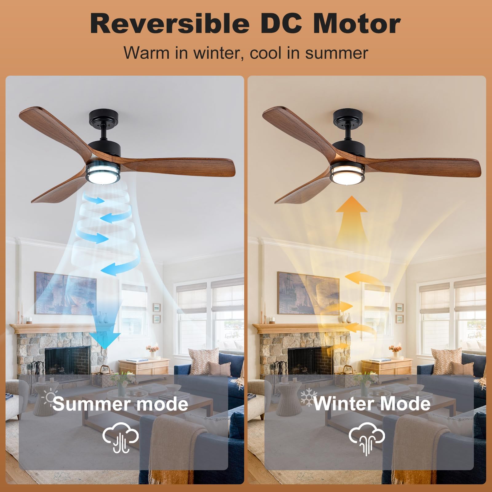 52 Outdoor Ceiling Fan with Light 3 Walnut Solid Wood Blade Remote Control 3CCT Dimmable LED Timer 6-Speed — view 3