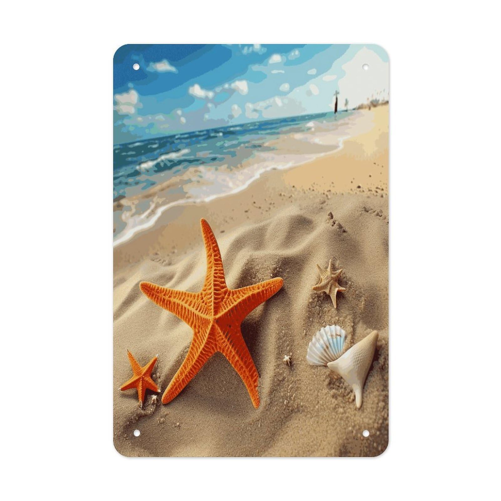 LDGSUPH Sea Beach Starfish Wall Art Prints Folded Edge Iron Sheet Painting with Holes for Wall Prints Decorative Picture Metal Signboard Decor Painting for Outdoor Indoor Wall Decor
