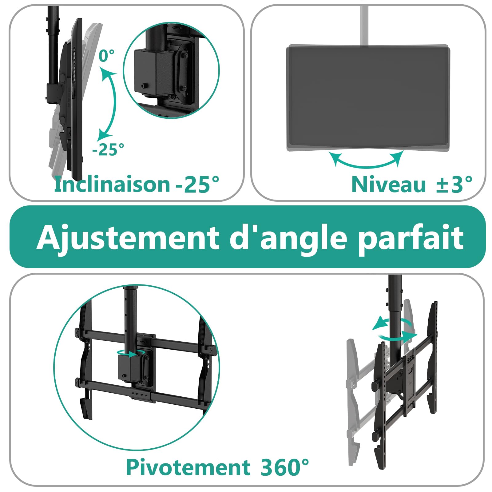 WALI Support TV Plafond Réglable en Hauteur, Support TV pour LED, LCD, OLED 4K de 37 à 70 Pouces, Support Plafond pour TV à Mouvement Complet, Charge jusqu'à 50 kg, Max 600 x 400 mm (CM3770), Noir
