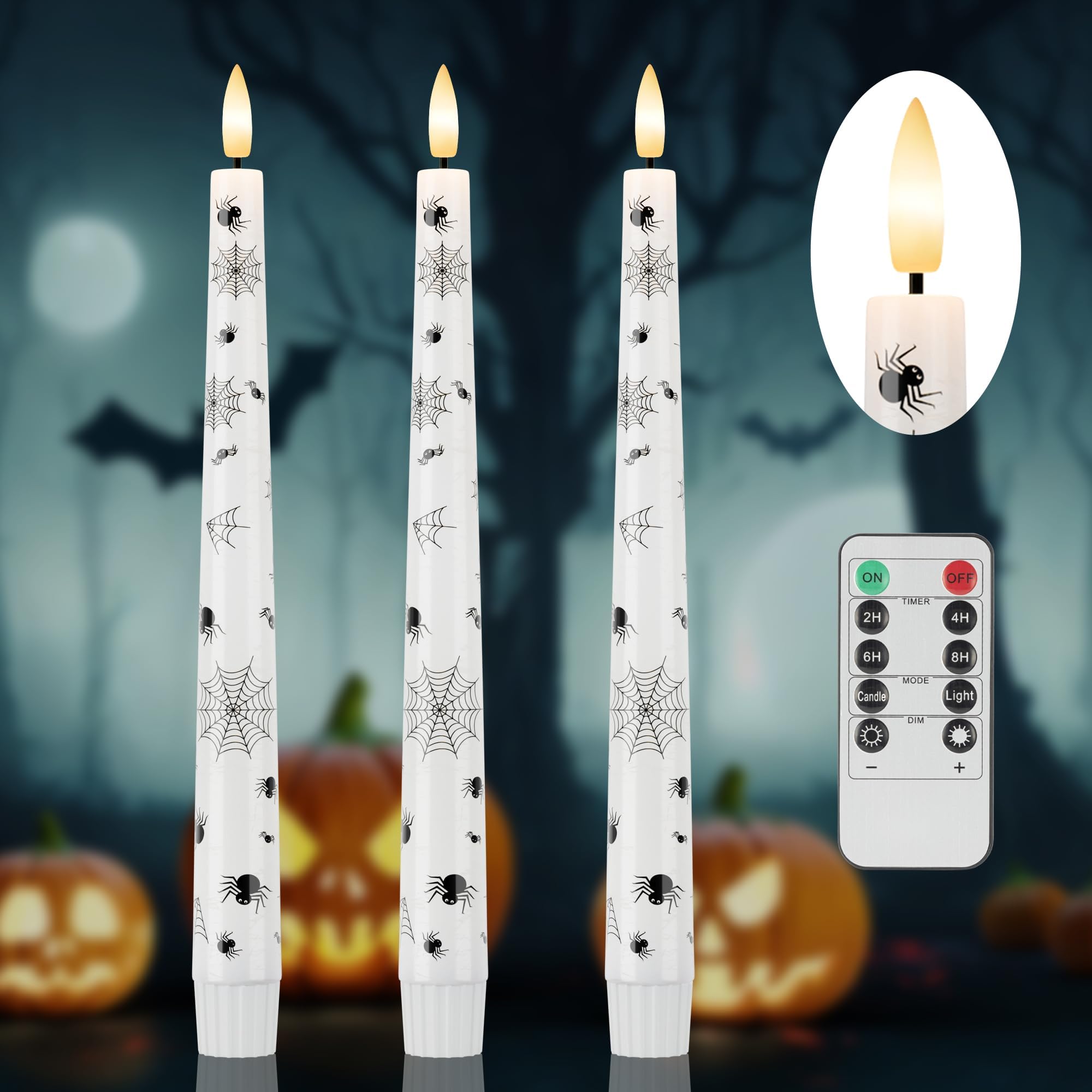 AFINETH Halloween Candles with Spider Web, Spider, 9.6”Real Wax Flameless Taper Candles with Remote & Timer, 3 Pack Battery Operated Halloween Led Candles for Party Home Decor