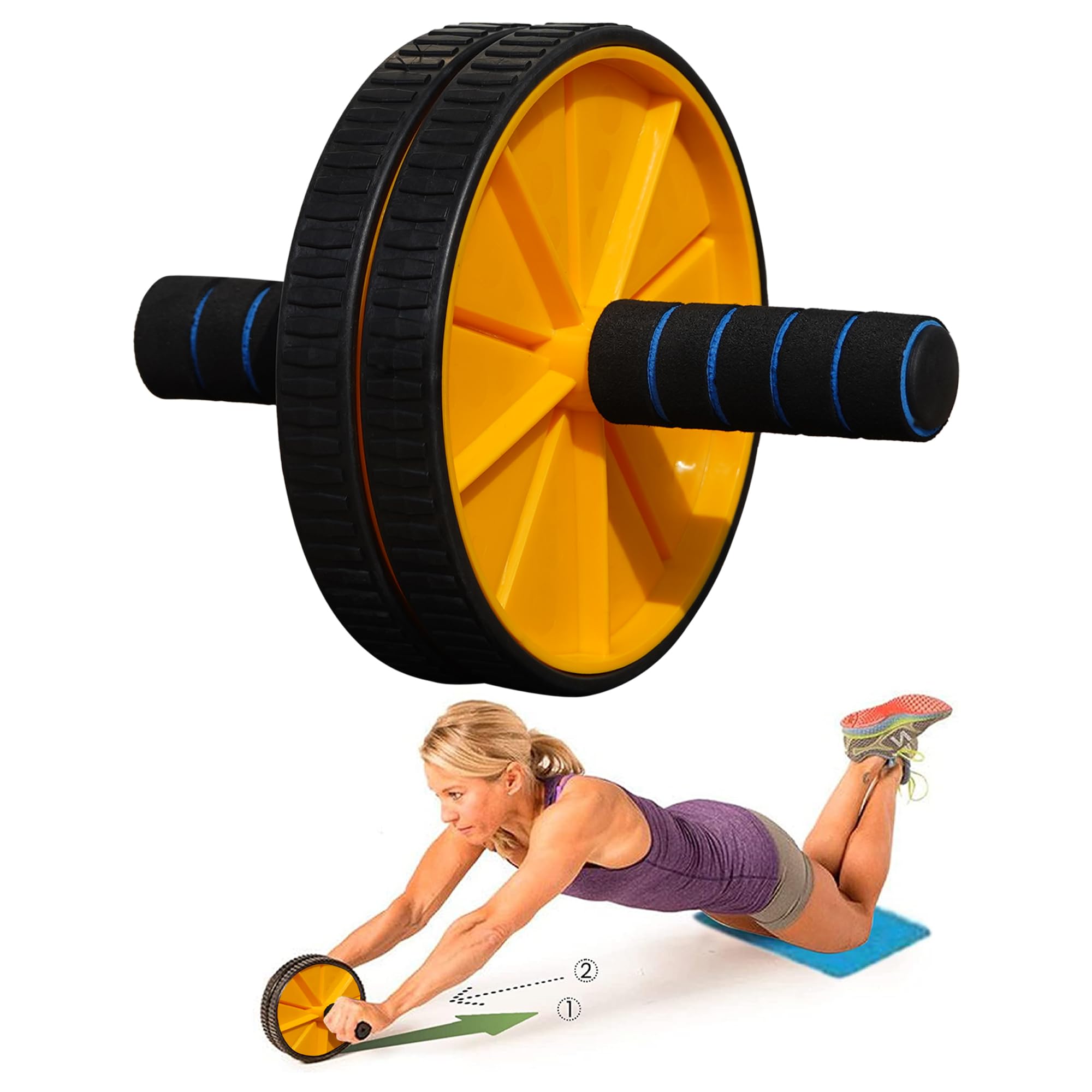 Double Wheel AB Roller for Men and Women Abs Workouts/Home Workouts With mat, Fitness & Exercise Workout Equipment Home Gym, with Knee Pad Gym Accessories (yellow & black)-picture-21