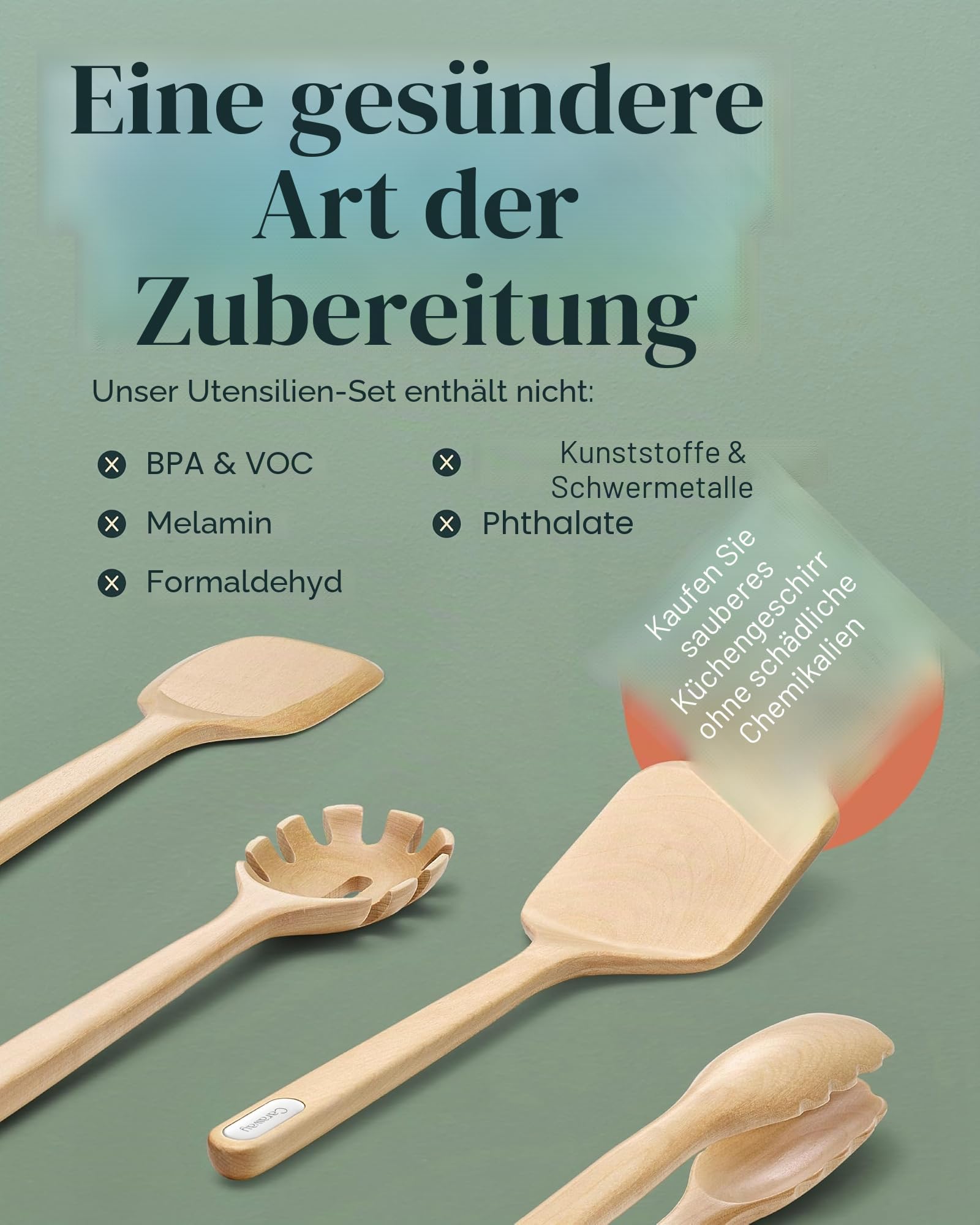 Caraway 5-teiliges Holzutensilien-Set, Kochutensilien-Set | Löffel, Servierer, Schaber, Spatel und Zange, aus FSC-zertifiziertem Birkenholz, ohne Mikroplastik