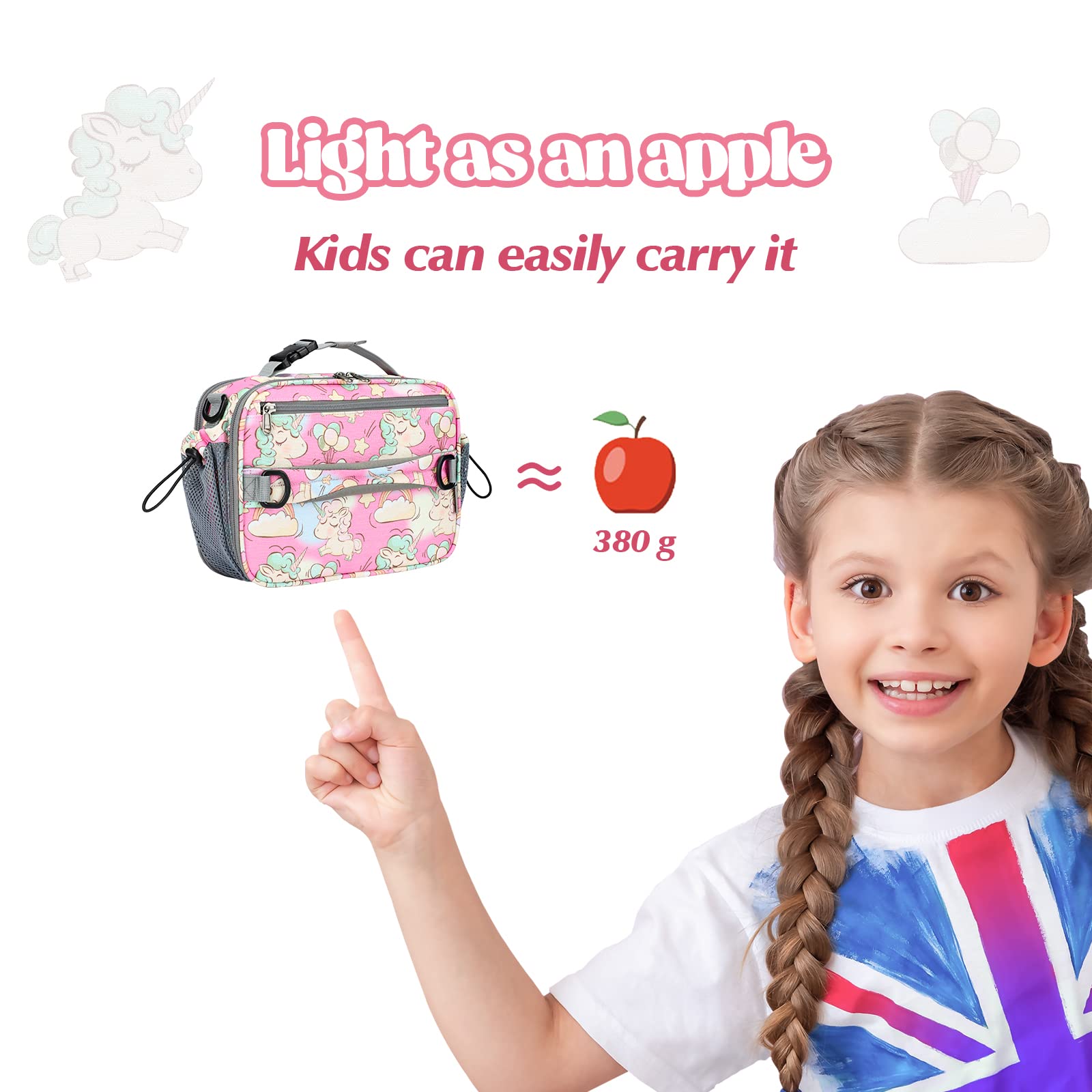 Maelstrom Lunchbox für Kinder, erweiterbare Kinder-Lunchbox, isolierte Lunchtasche für Kinder, wiederverwendbare Lunchtasche für Junge/Mädchen, 9 l, Ballon-Einhorn (KB02-MSLB02-6)