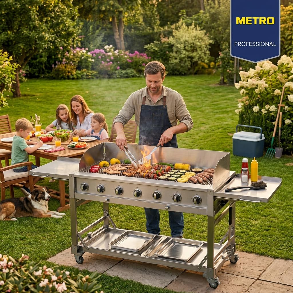 METRO Professional 8-Brenner Gasgrill, Grillfläche 49 x 120 cm, Ablagetisch, fahrbar, Schutzabdeckung, Edelstahl, silber