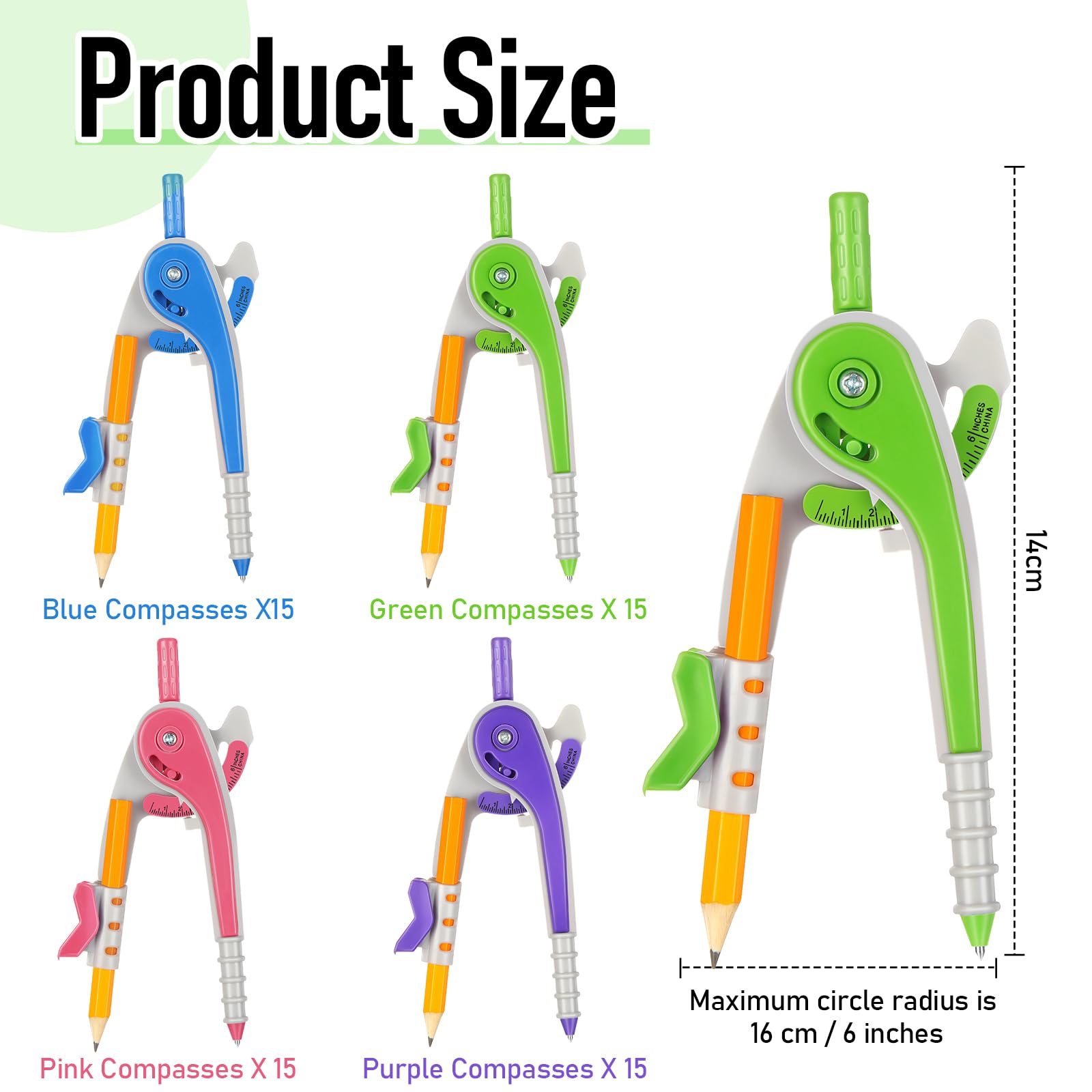Zonon Lot de 60 boussoles de géométrie pour étudiant - 15,2 cm - Couleur vive - Outil de précision pour la géométrie en plastique - Avec crayons - Fournitures de rentrée scolaire - Pour l'école, la
