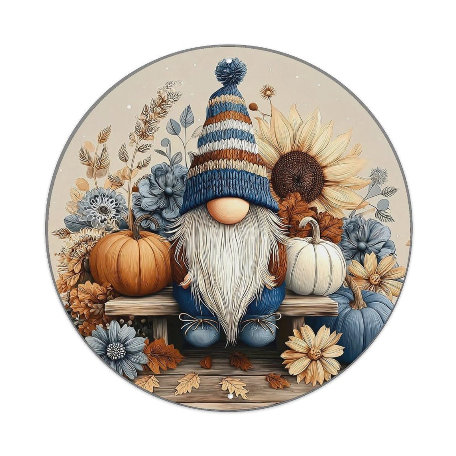 Autumn Gnome With Pumpkins And Flowers Metal Tin Sign Plaque