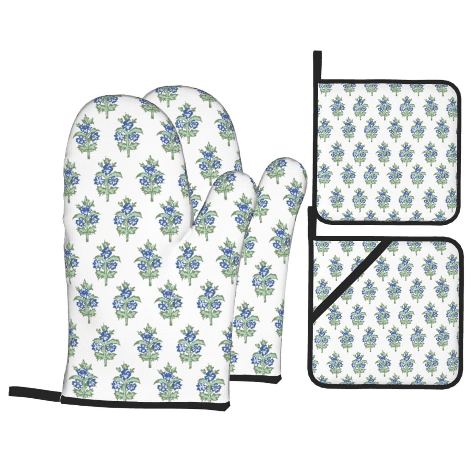 Blue Teal Floral Oven Mitts and Pot Holders Sets - Block Print Kitchen Mitts Potholders 4 Pack Heat Resistant Vintage Floral Oven Gloves Hot Pads for Kitchen Baking Grilling Party Gift