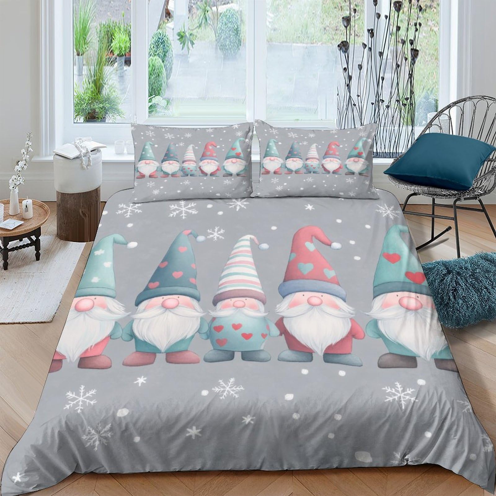 Ctjqhvkz Style-2 3D Printed Christmas Gnome Fitted Sheet Microfiber Soft Grey Winter Snowflake Bed Cover For Bedroom Dorm Easy Care Single（135X200cm）