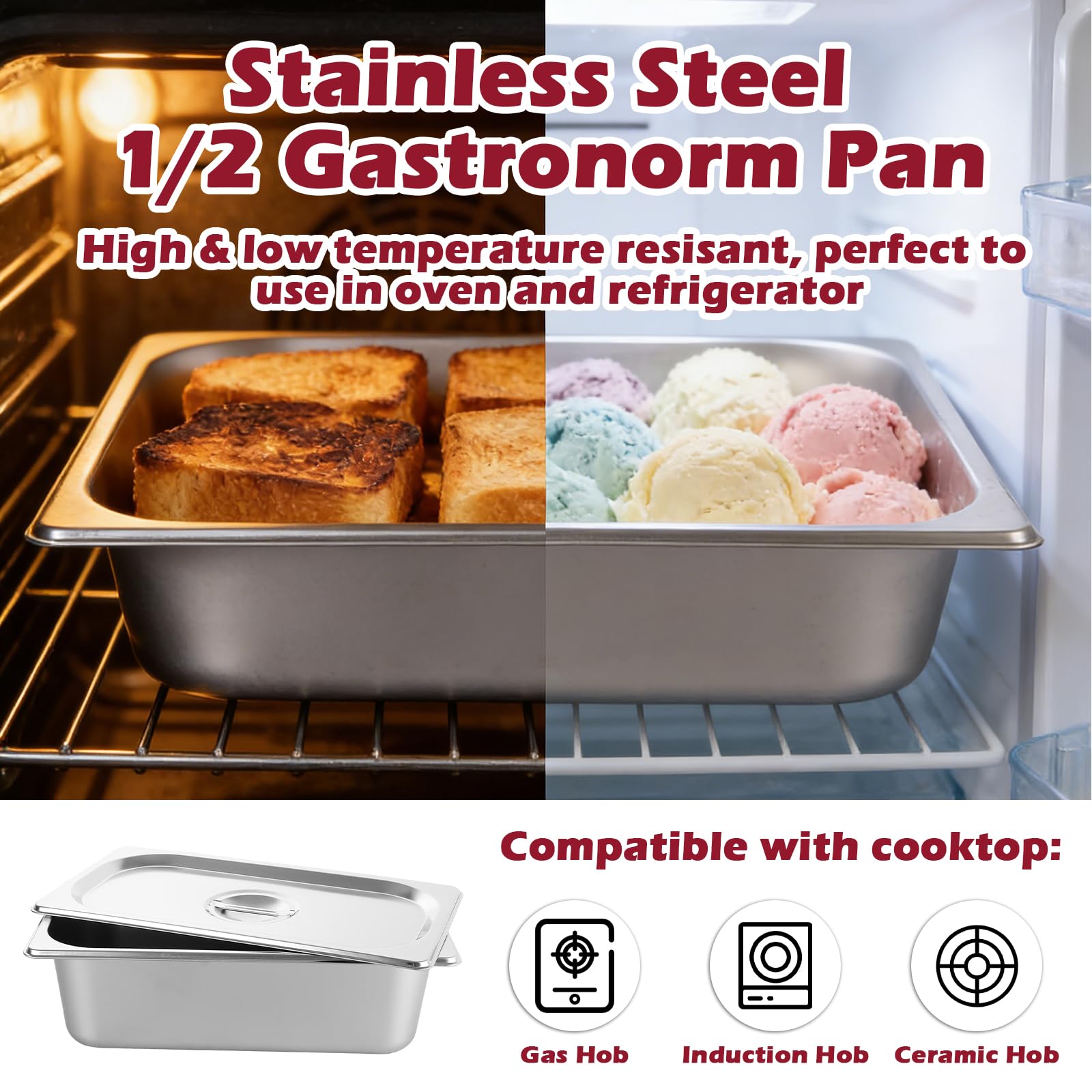 Paquete de 4 sartenes Gastronorm de 1/3 con tapas, 325 x 175 x 100 mm, recipientes de acero inoxidable de 1/3 GN, recipientes de alimentos con tapas