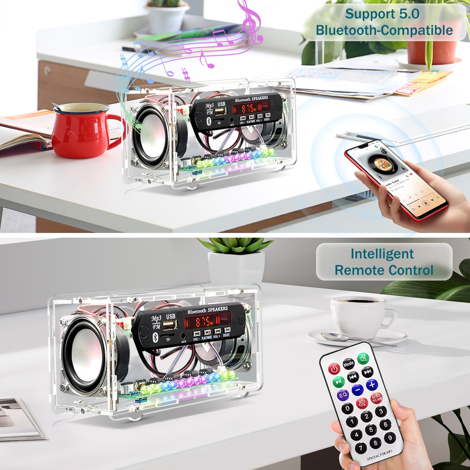Kit di pratica di saldatura, kit radio FM, kit di altoparlanti Bluetooth fai da te, kit di progetti elettronici per adulti, mini kit amplificatore audio domestico con display digitale (trasparente)