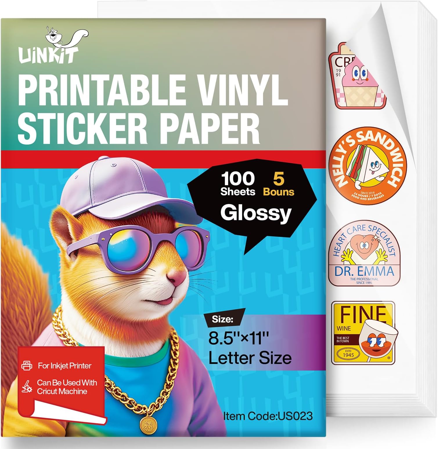 Uinkit 105 Sheets Premium Glossy Printable Vinyl Sticker Paper for World Cup Sticker Kids Crafts with Inkjet Printer Cricut, Extra Included 5Sheets Transparent Label