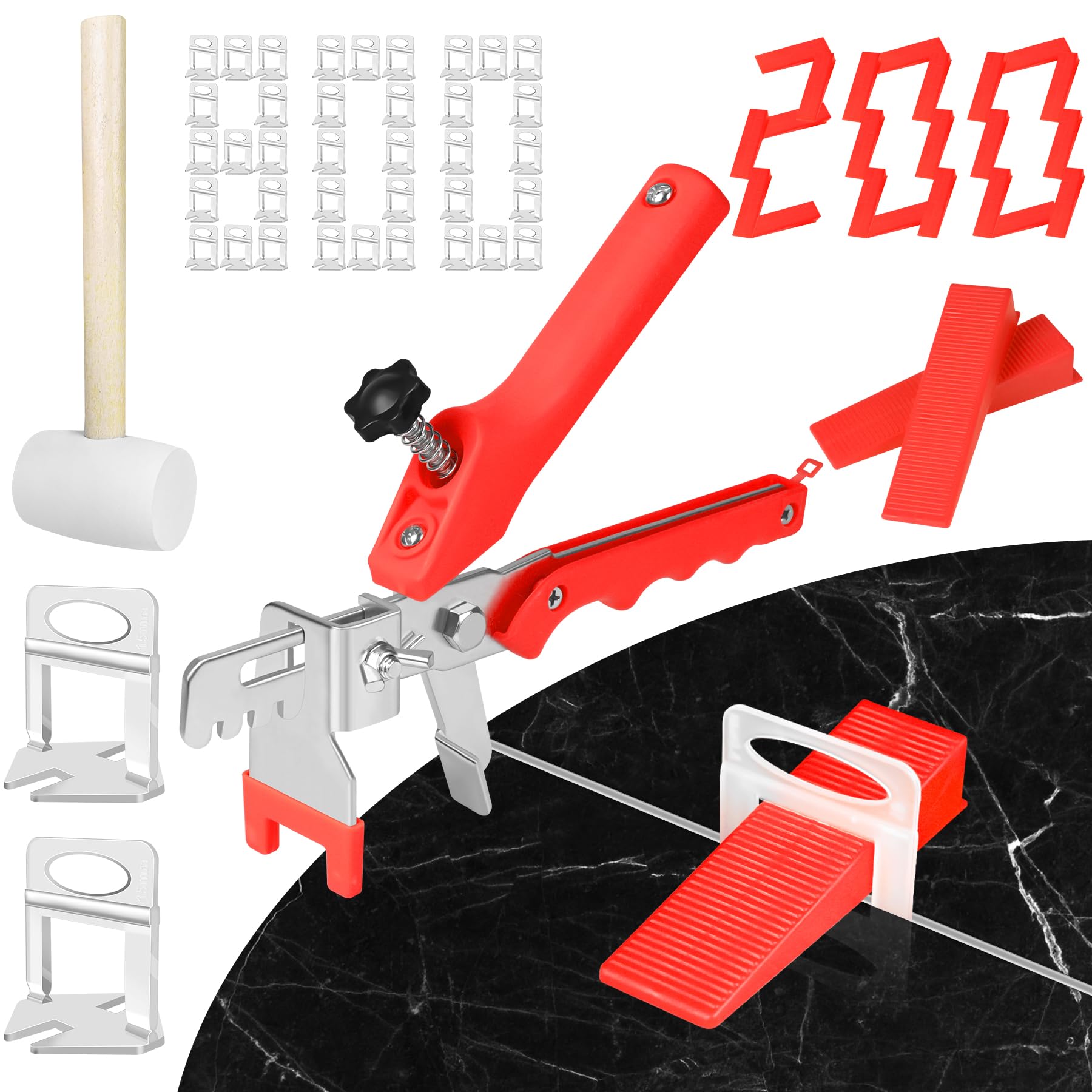 Sistema de nivelación de azulejos de 1/16 pulgadas con alicates de azulejos y martillo de goma, 800 espaciadores de azulejos clips de nivelación y 200 cuñas reutilizables para instalación de azulejos