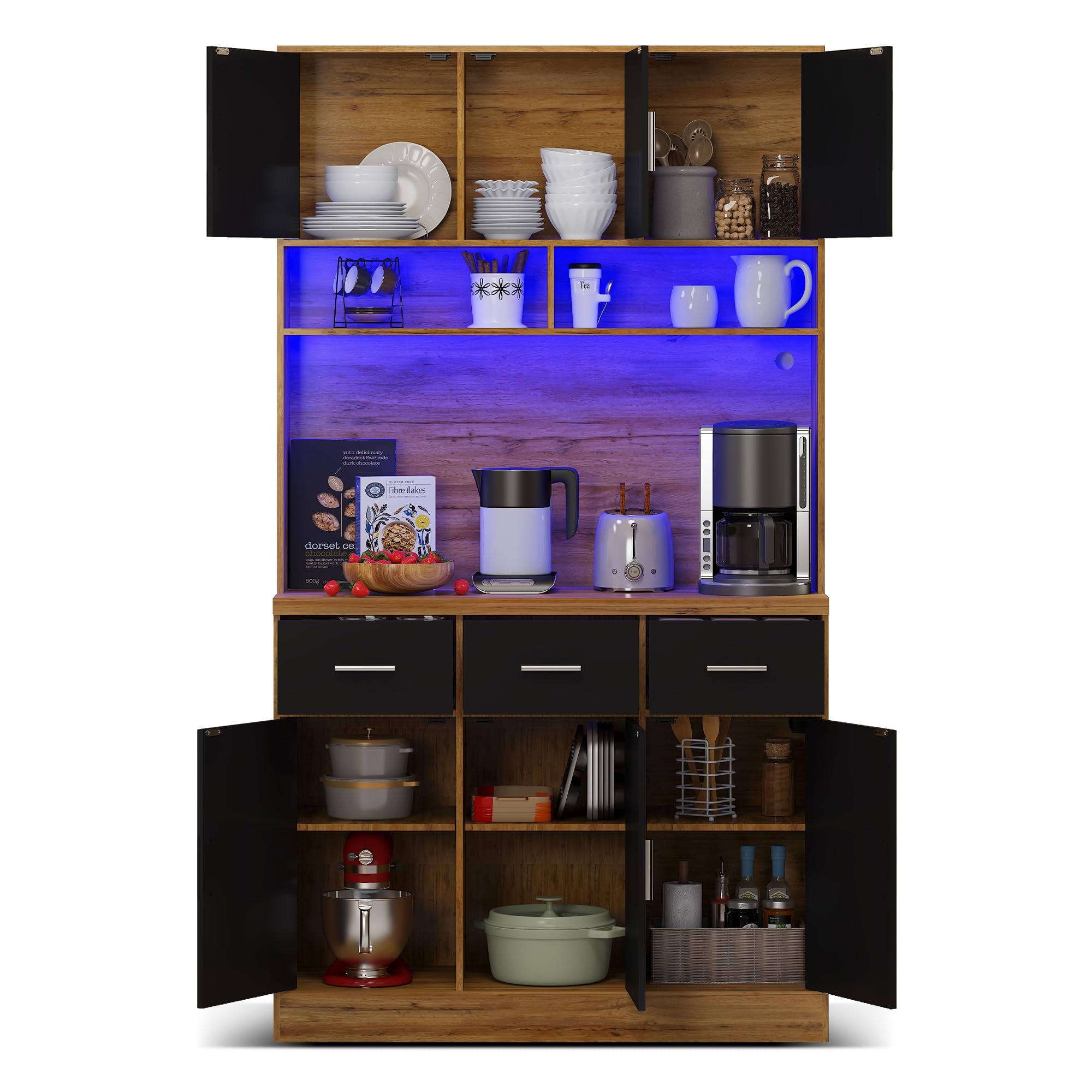 Armadio buffet, 100 x 40 x 180 cm, buffet con illuminazione a LED con telecomando, cassetti, ripiani regolabili, fori di gestione dei cavi e prese, per cucine e sala da pranzo (colore legno)