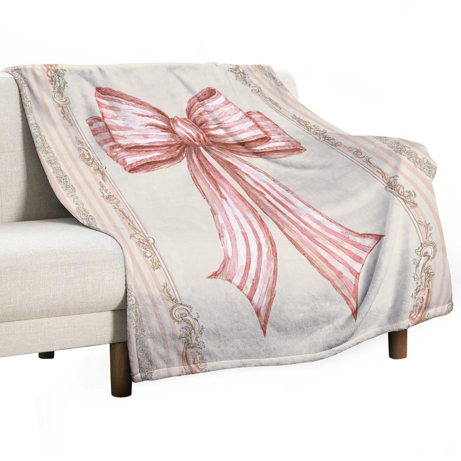 Jubonexis Watercolor Pink Bow on Striped Cream Anti Pilling Throw Blankets Cozy Durable Blanket for Bedroom Living Rooms Couch Sofa Bed 130x150cm(50x60in)