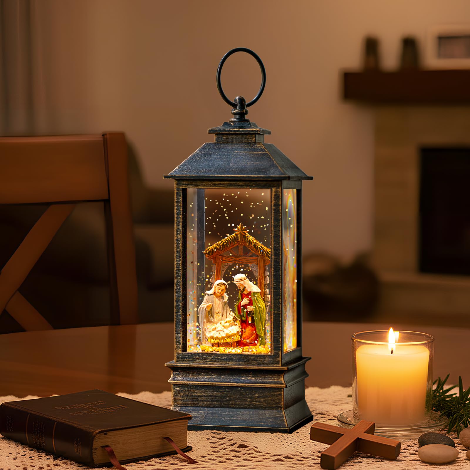 Linterna musical de globo de nieve de 10 pulgadas iluminada con escena de pesebre, farol de agua, remolino brillante, decoración del hogar y regalo, funciona con pilas o alimentado por USB