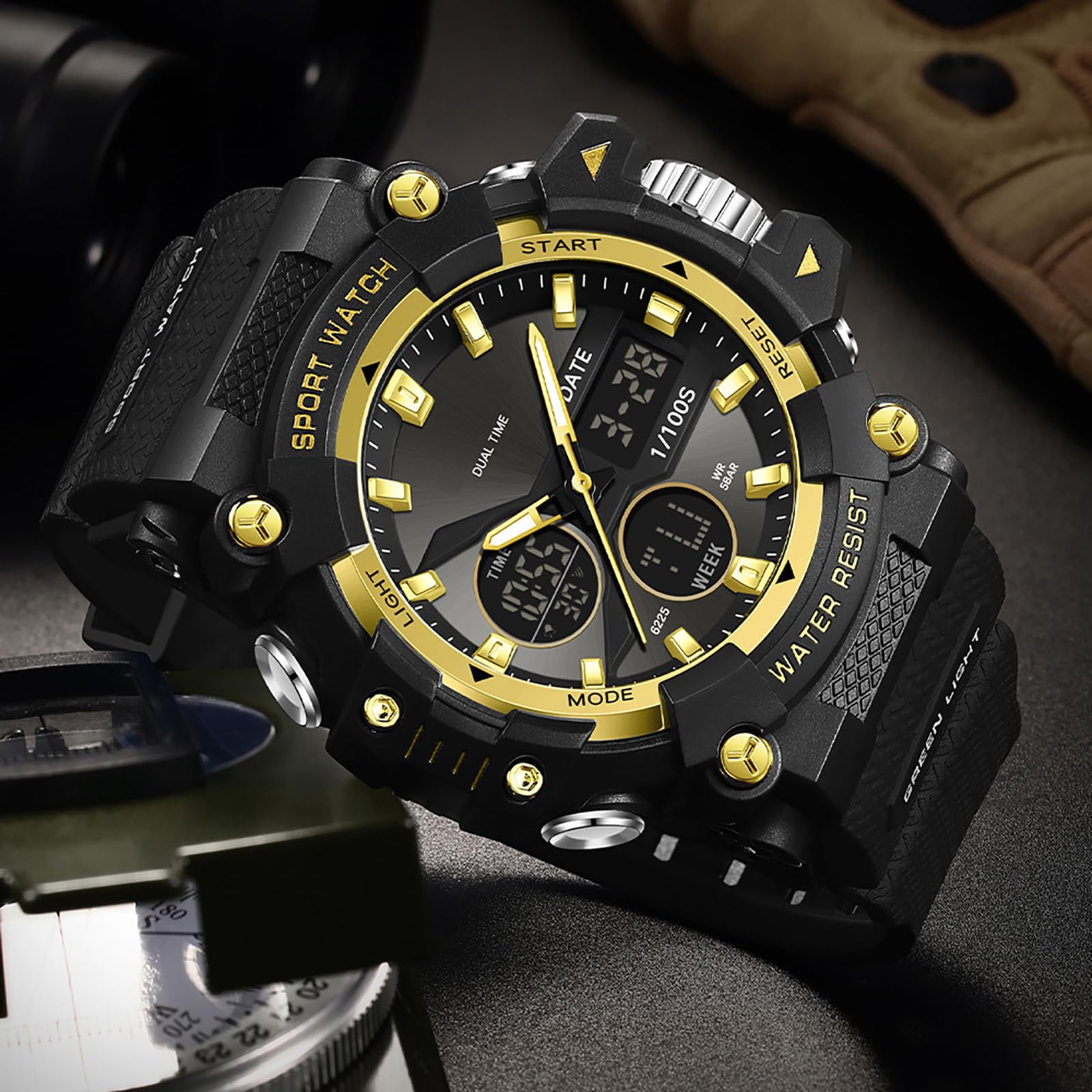findtime Montre de sport pour homme avec date, analogique, numérique, rétro-éclairage LED, étanche, doré, Décontracté