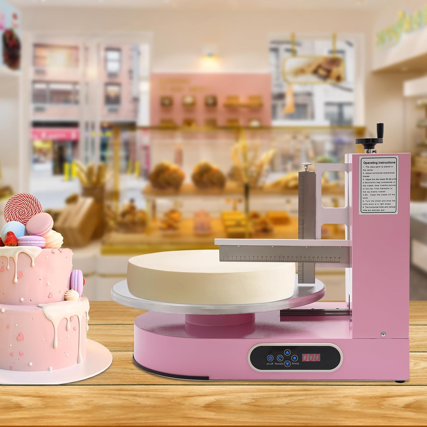 Cake Decorating Coating Machine, Adjustable 4-16inch Cake Spreading Edge Smoothing Polisher Machine, Electric Cream Spreading Decoration Tool for Dessert Stores, Homes (Pink)