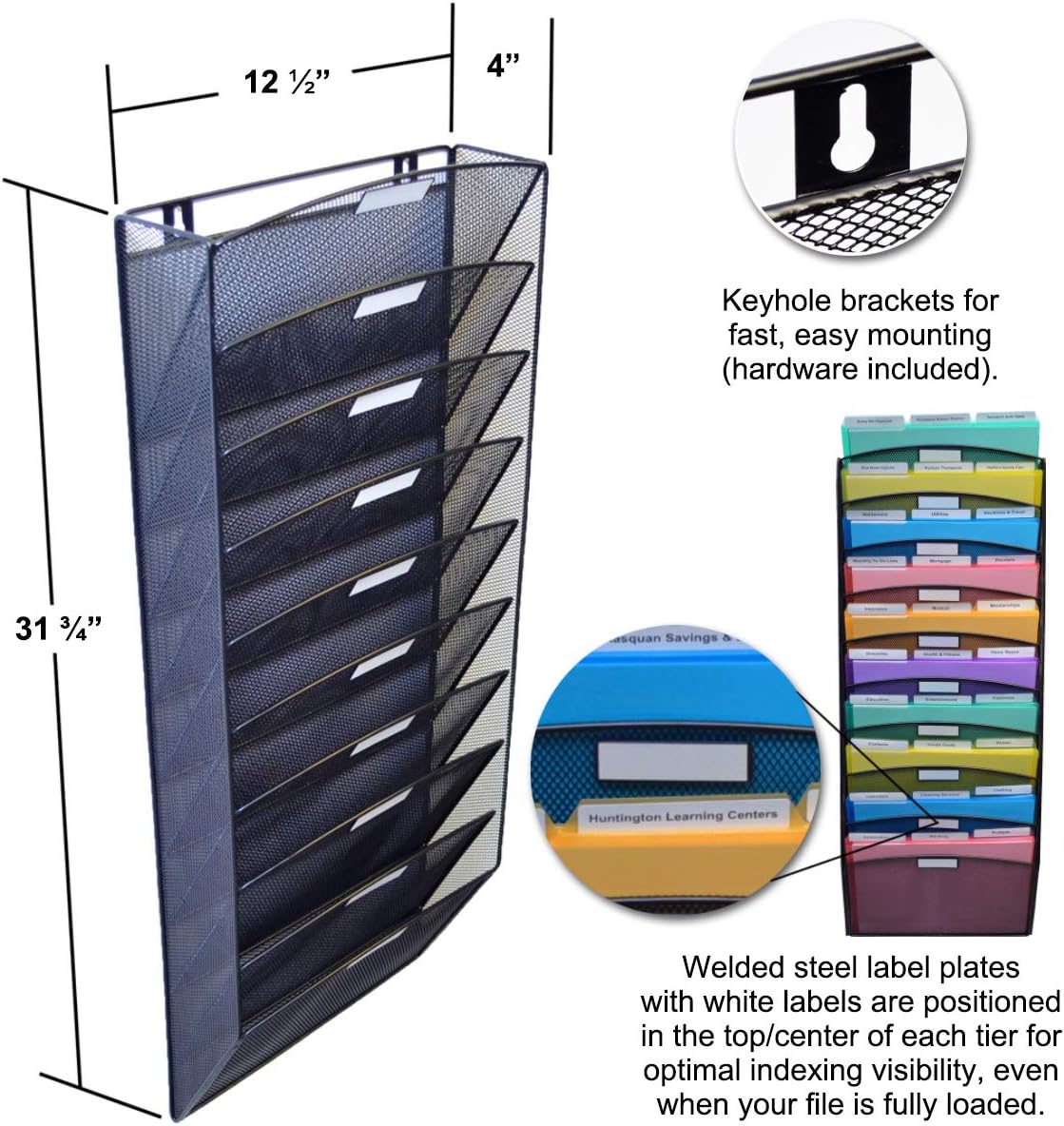 Ultimate Office Mesh Wall File Organizer, 8 Tier Vertical Mount Hanging File Sorter. Multipurpose Display Rack Includes 18, 3rd Cut PocketFile Clear Document Folder Project Pockets (Black) : Office Products
