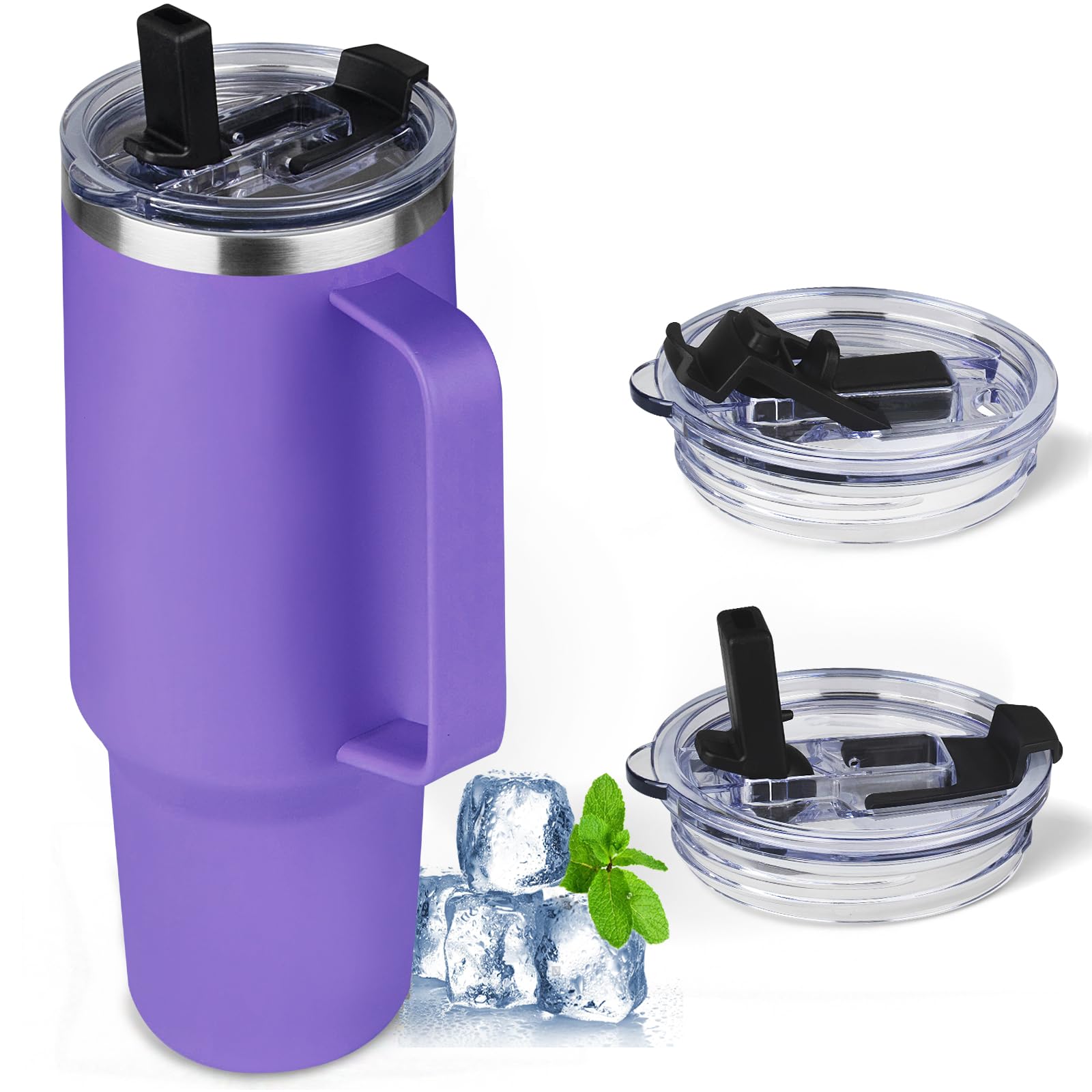 40 oz Tumbler with Handle and Flip Straw, 100% Leakproof Insulated Tumbler with Lid and Straw, Stainless Steel Travel Coffee Mug, Insulated Coffee Thermal Cup for Cold and Hot (Purple)