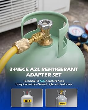 OMT A2L Refrigerant Adapter Set for R32 and R454B with Reverse Thread | Brass Construction; Zero-Leak Design; Vent Grooves; 1/4 LH Threads; Fitting Tool for HVAC Technicians