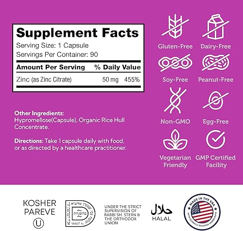 Miniatura 5 de Zahler Zinc 50 mg, apoya la protección inmune y antioxidante, certificado Kosher, 90 cápsulas