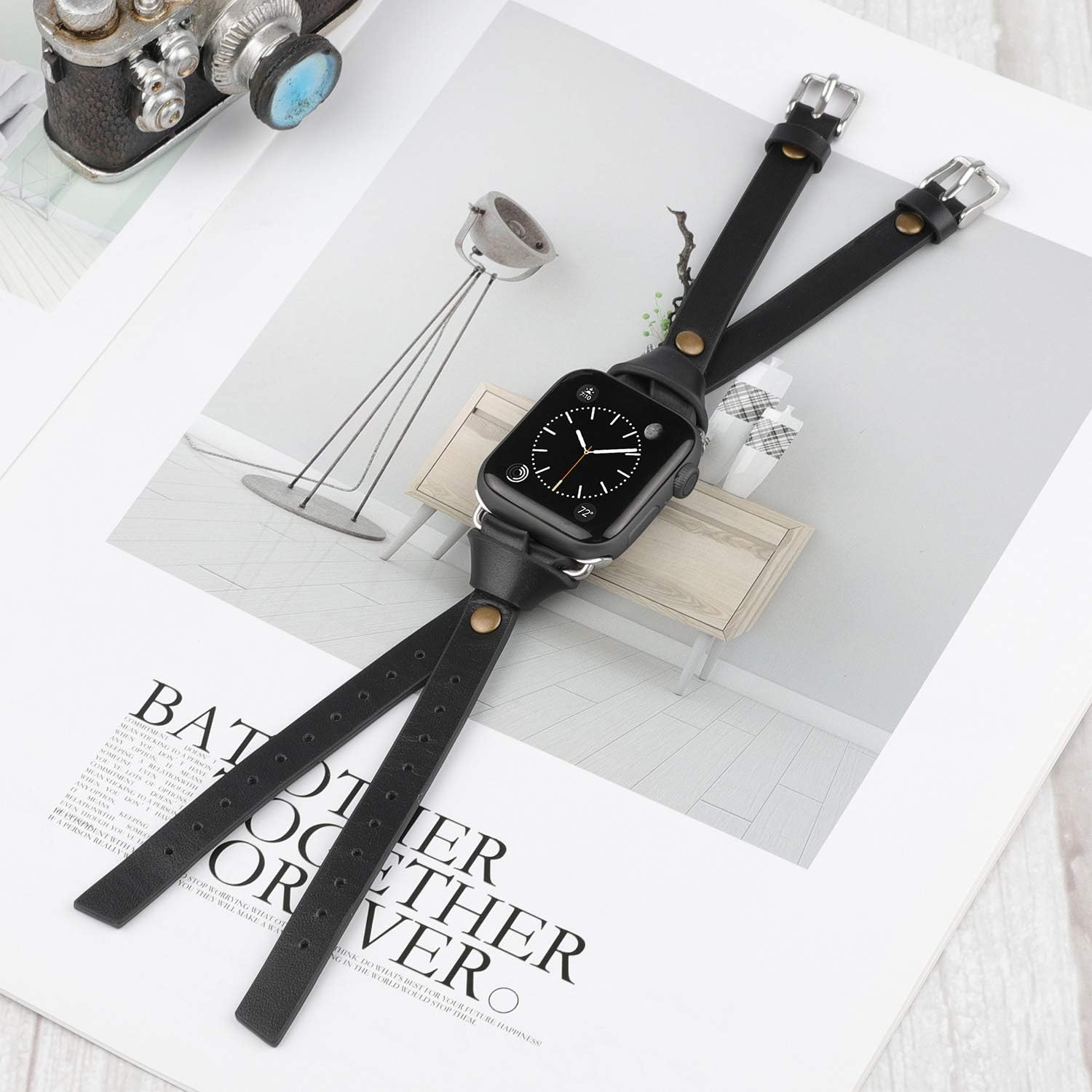 minyee leather band compatible with apple watch bands 38/40/41/42mm women, slim double knotted fasten with rivet stylish dressy strap for iwatch series 11 10 9 8 7 6 5 4 se/ultra 3 2 1, black black 38/40/41/42mm(series 11/10)