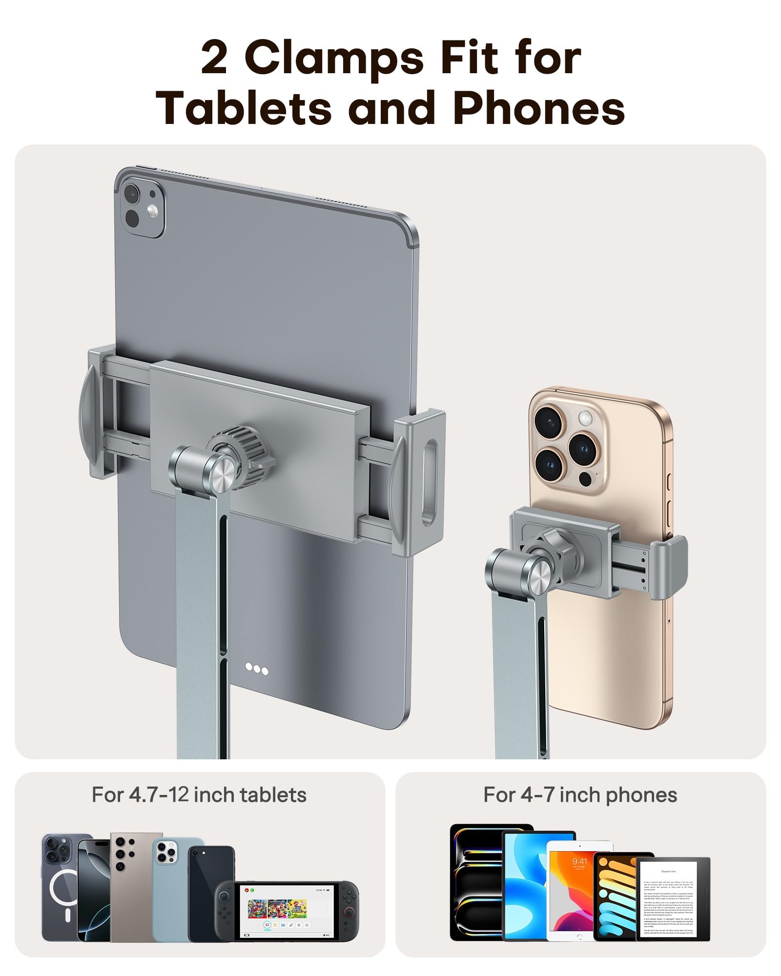 OMOTON Soporte para Tableta de Aluminio para Escritorio, Giratorio 360°, GH03 Soporte Ajustable con 2 Abrazaderas de Plástico (Teléfono y Tablet), para iPad/iPhone de 4 a 12", Gris
