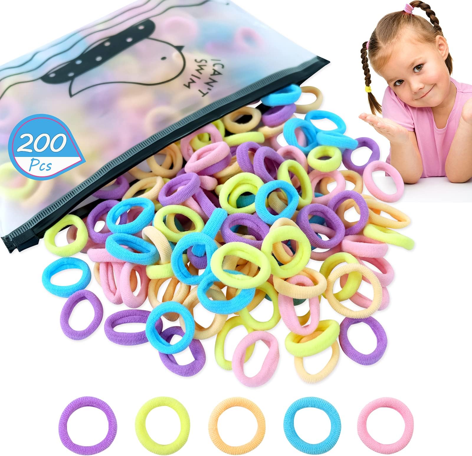 HanyoushengHair Elastics, Baby Hair Elastics, 200 Pieces Small Girl Hair, 2.5 cm Multicolour Hair Elastics, Elastic Hair Bands, Cotton Elastics Hair Bands for Fine Hair for Girls and Babies
