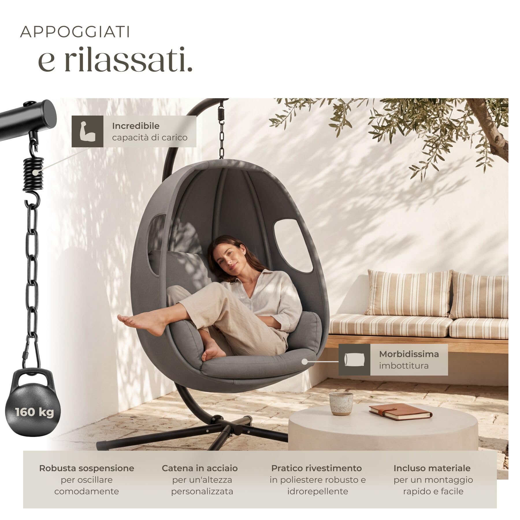 tectake® Poltrona Sospesa con Cuscino Spesso, Sedia Sospesa da Giardino Soggiorno e Terrazza, Schienale e Braccioli Imbottiti, Resistente alle Intemperie, Cover Protettiva, MAX 160 kg - Antracite