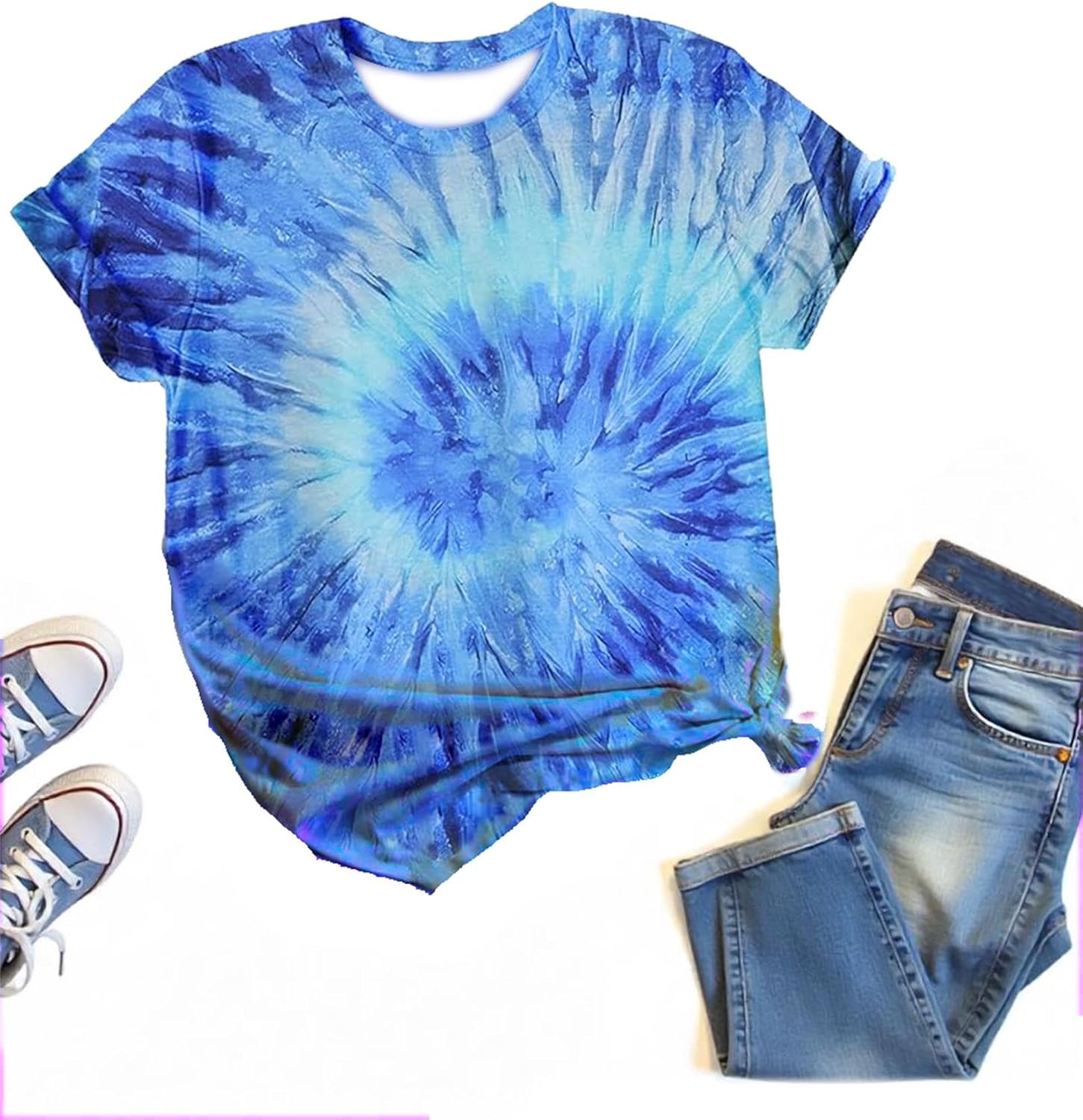 女性用レインボータイダイTシャツ ジュエリー