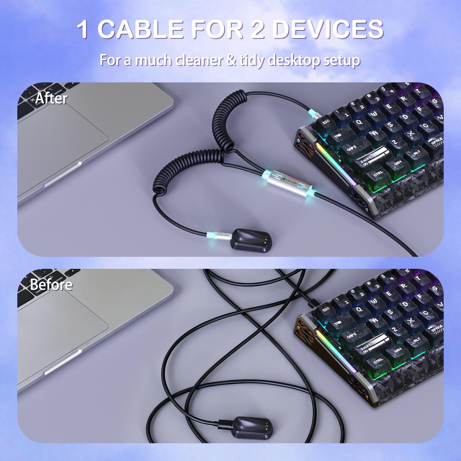 MAMBASNAKE X ATTACK SHARK C08 Kabel Spiralny Klawiatury 2 W 1 Typu C, 8KHz & Szybki Spust, Magnetyczne Światło RGB, Stalowe Złącze Lotnicze, Kabel Danych I Szybkiego Ładowania USB C Do USB A (Czarny)