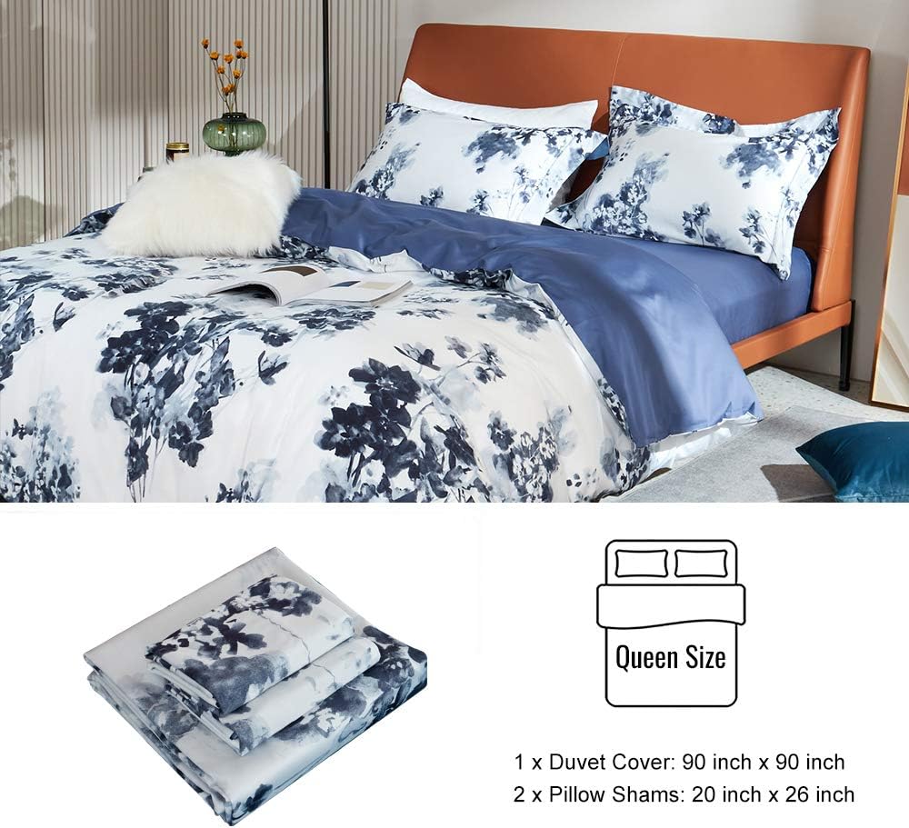 MILDLY 100% Long Staple Cotton Duvet Cover Set Navy Blue Leaves Printed Comforter Cover Set Watercolor Plant Floral - Image 4