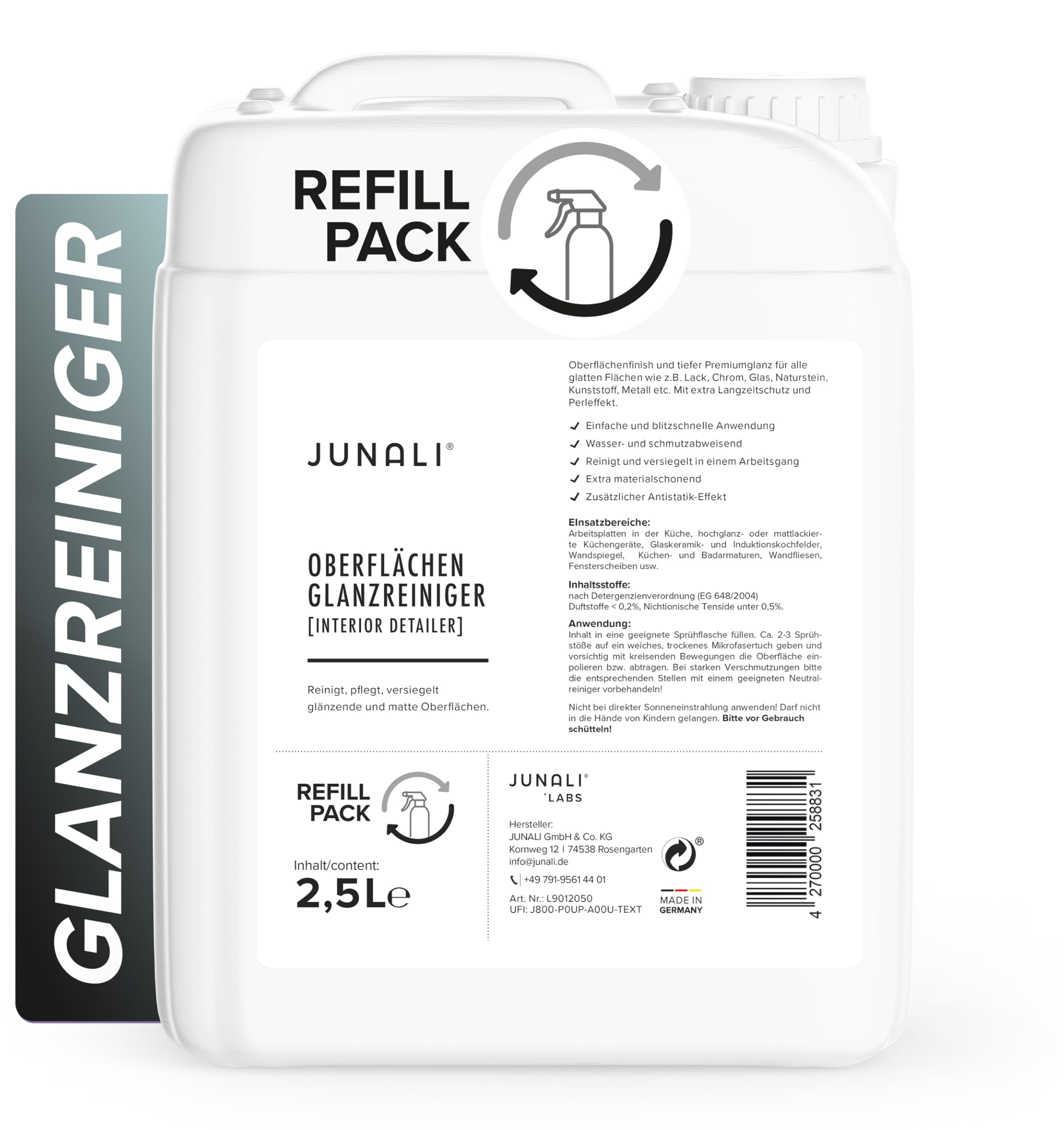 JUNALI Oberflächen Glanzreiniger, Pflege für Hochglanz Küchen, antistatisch mit Perl Effekt, Sprühversiegelung für Naturstein, Chrom, Glas, Kunststoff, lackierte Holzmöbel (2,5 L)