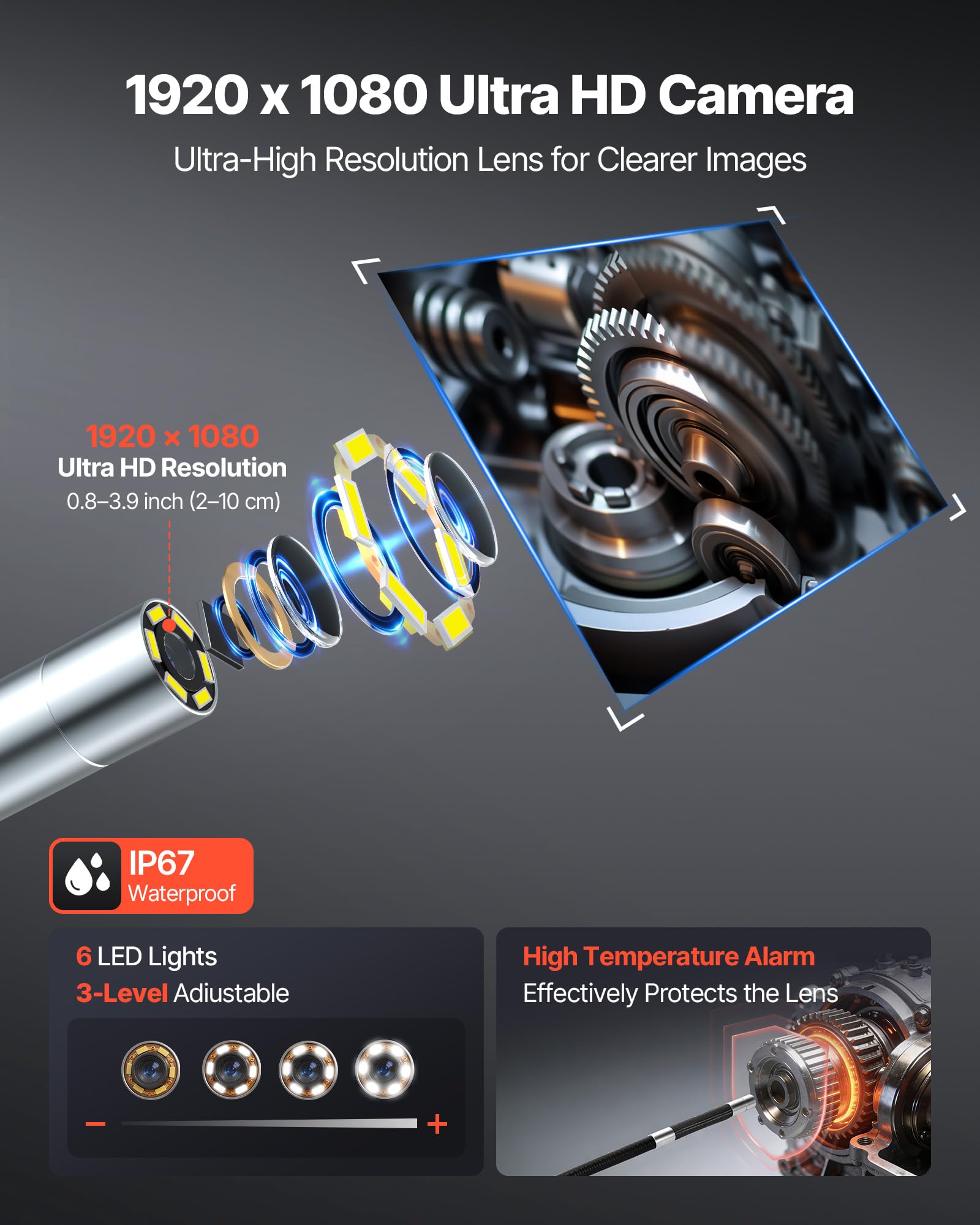 VEVOR Caméra Endoscopique 360° 4 Voies Endoscope 1080p Caméra Inspection pour Canalisation et Automobile, avec Sonde 6,2 mm, Éclairage, Écran IPS HD 4,5 Pouces, Câble Serpent Flexible 1,5 m, Zoom 8X
