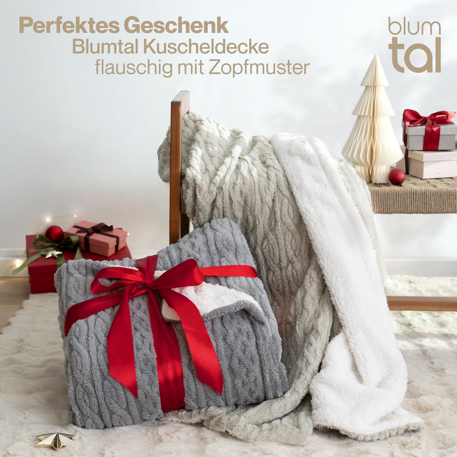 Blumtal Koc 150x200 cm z dzianinowym wzorem - Certyfikowany przez OEKO-TEX koc z mikrofibry z miękkim wnętrzem Sherpa - koc salonowy 150x200 - koc do prania Szary/Biały