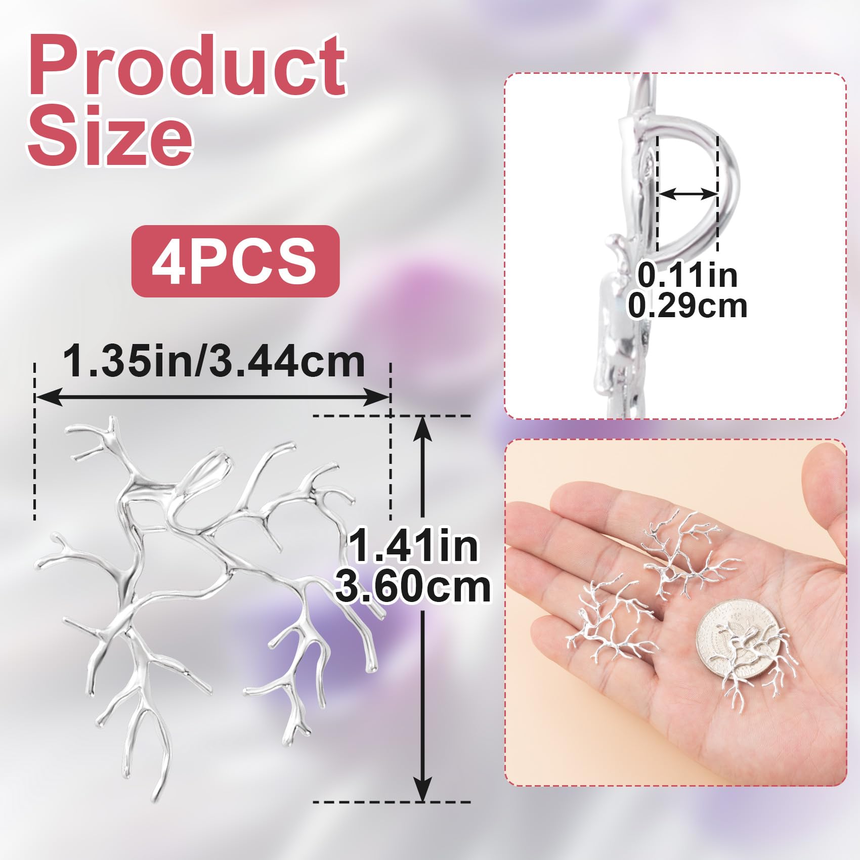 Isslly 4pcs Branch Shape Blanks for Jewelry Making, Adjustable Claw Pendant Trays, Hypoallergenic Brass Branch Prong Pendant Bezels for Bracelet Earrings Necklace Bracelet Earrings DIY Crafts- Silver