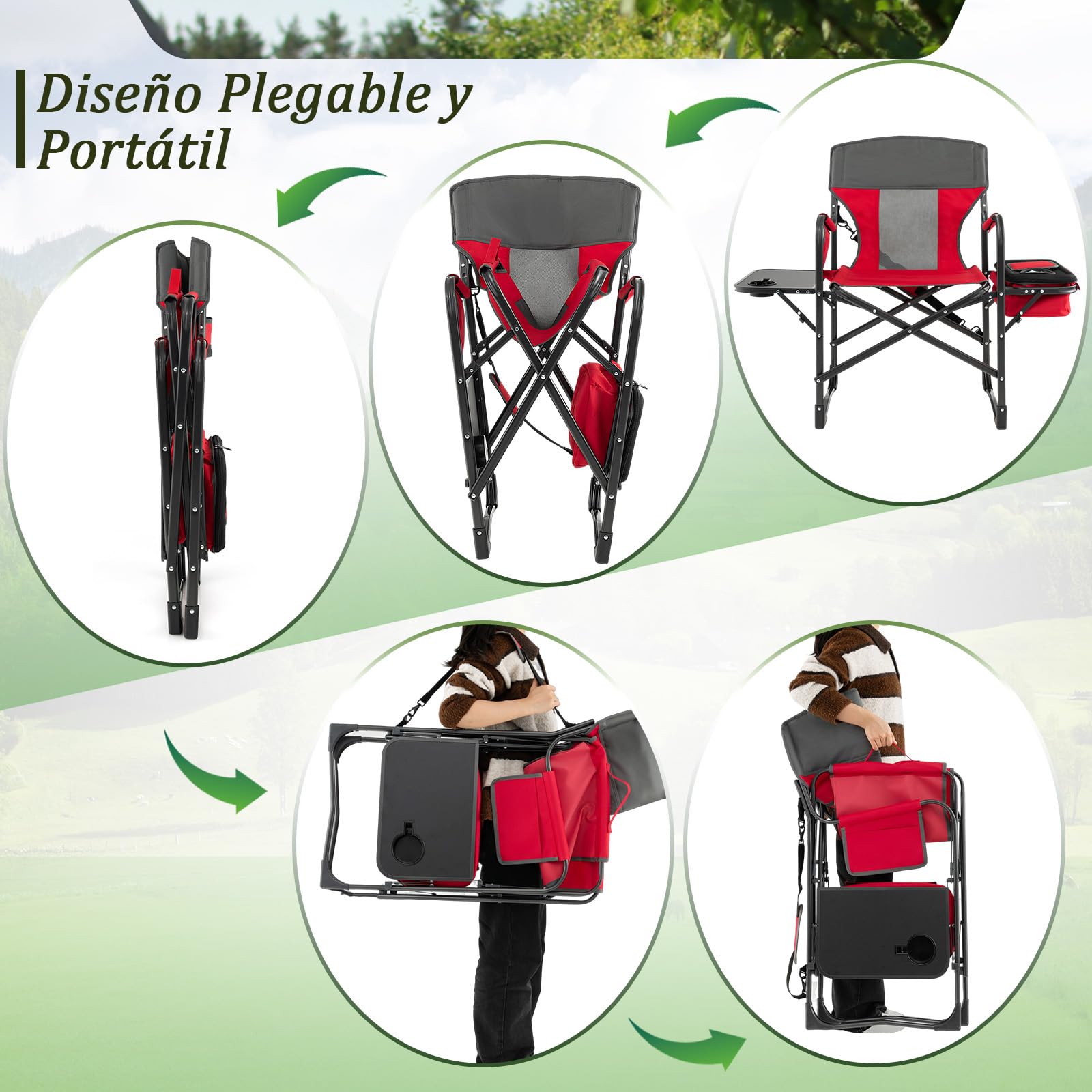 GOPLUS Silla Alta de Director, Silla Plegable para Maquillaje con Mesa Lateral, Portavasos, Bolsillo de Almacenaje, Bolsa de Malla y Reposapiés, Carga150 kg, Ligera para Camping (Rojo+Gris)