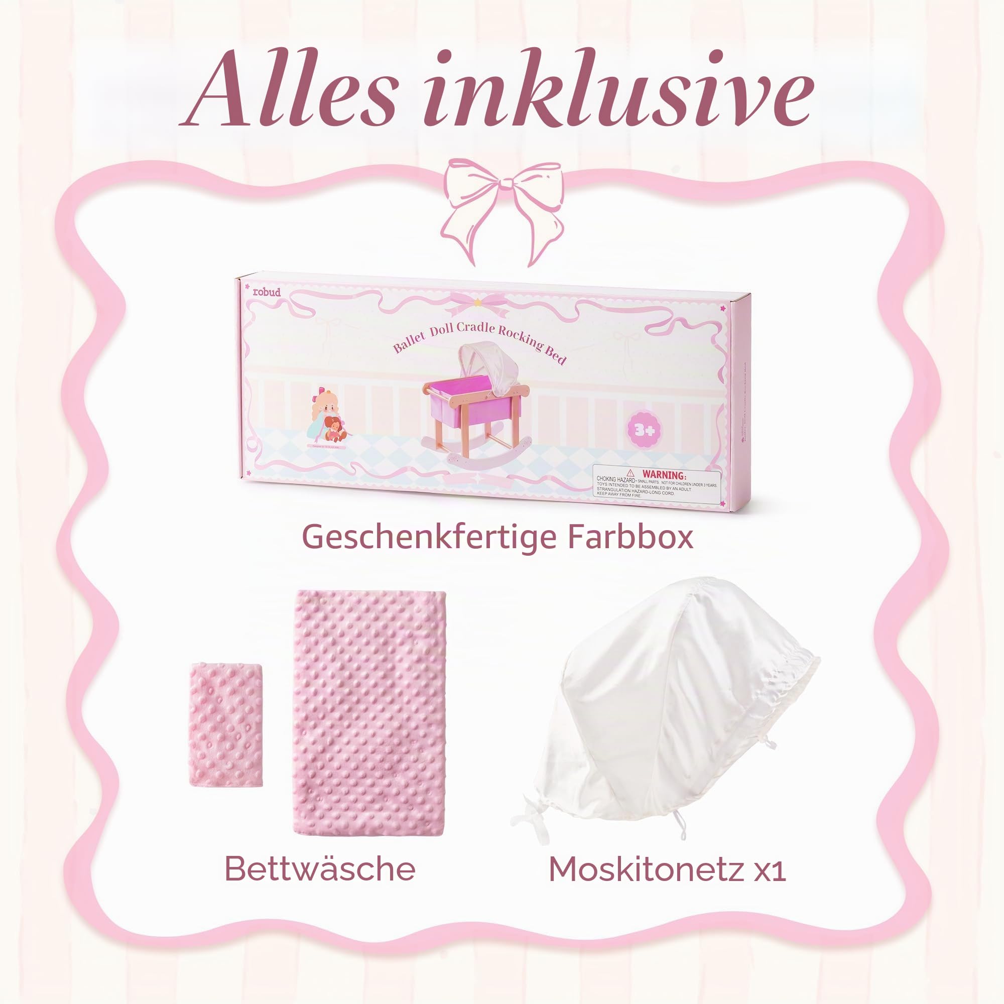 ROBUD Puppenwiege mit Baldachin für 45 cm Puppen, Puppenbett Holz mit Schaukelfunktion, Matratze und Kissen, Puppenmöbel für Mädchen ab 3 Jahren, Rosa