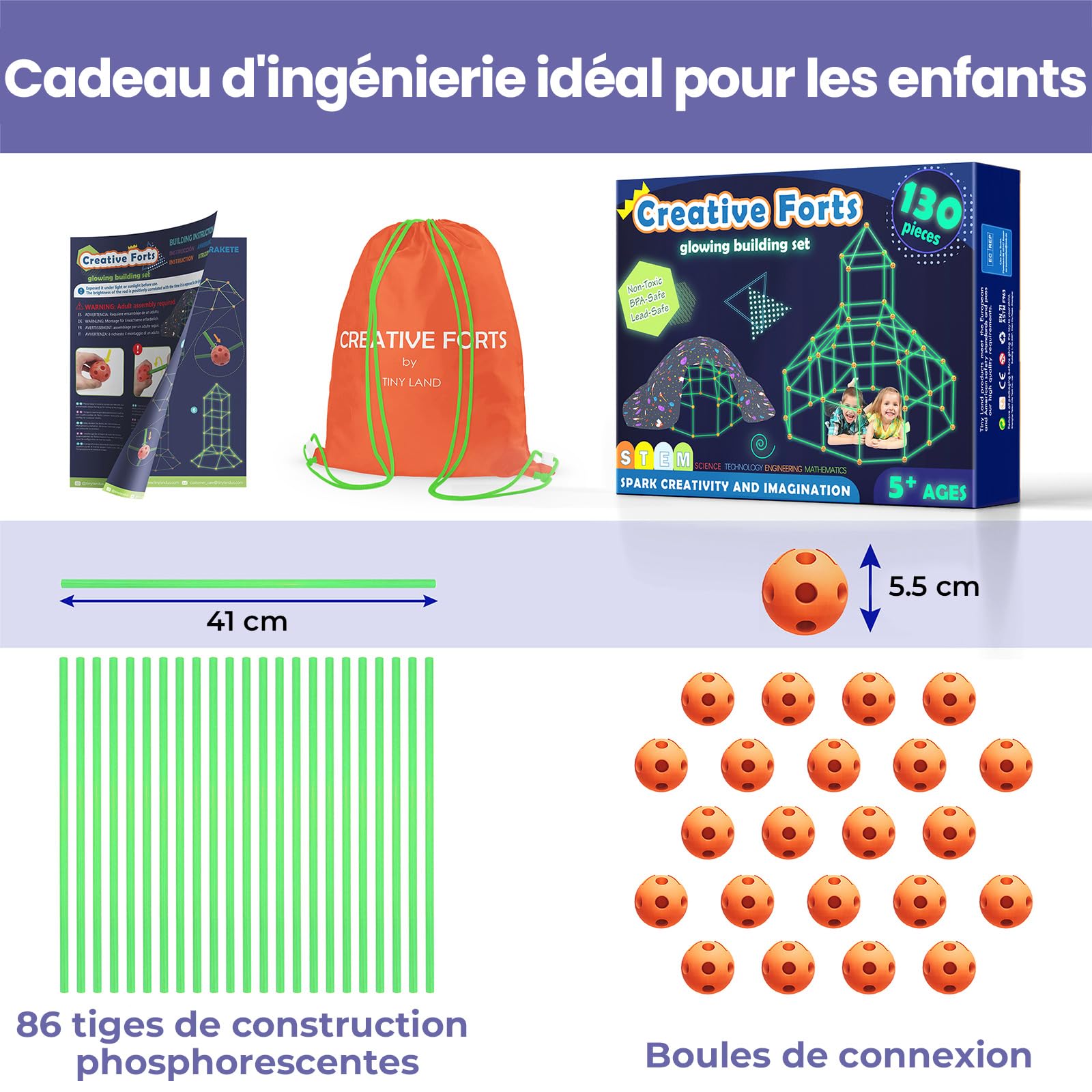 Tiny Land 130 PCS Kit Construction Fort Cabane Enfant Brillent dans Le Noir | Jouet Fort Créatif 5+ Ans Interieur Exterieur, Jouets de Construction STEM Châteaux de DIY Tente Tunnerl de Jeu Tour de Fusée