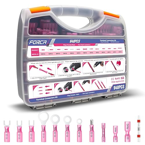 FORCA Kit de conectores de cable termorretráctil, 940 unidades, conectores de crimpado impermeables de grado marino AWG 22-16, conectores de alambre