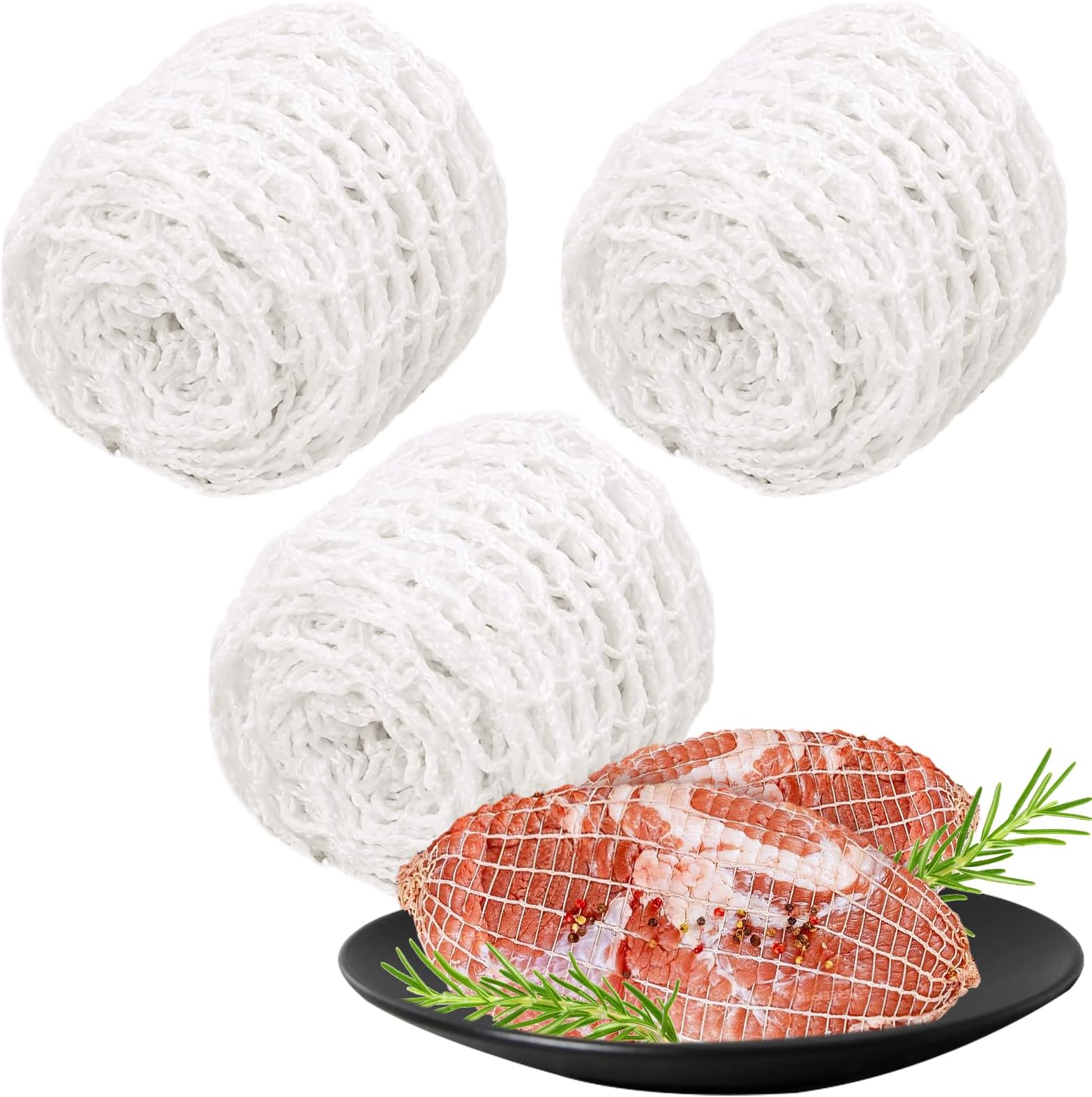 3Pcs Meat Netting Roll Size 16, Total 19.6Ft Elastic Cotton Sausage Netting 16 Size, Butcher Netting for Meat, Ham Netting for Smoking, Kitchen Twine for Meat Poultry Ham Sausage Making