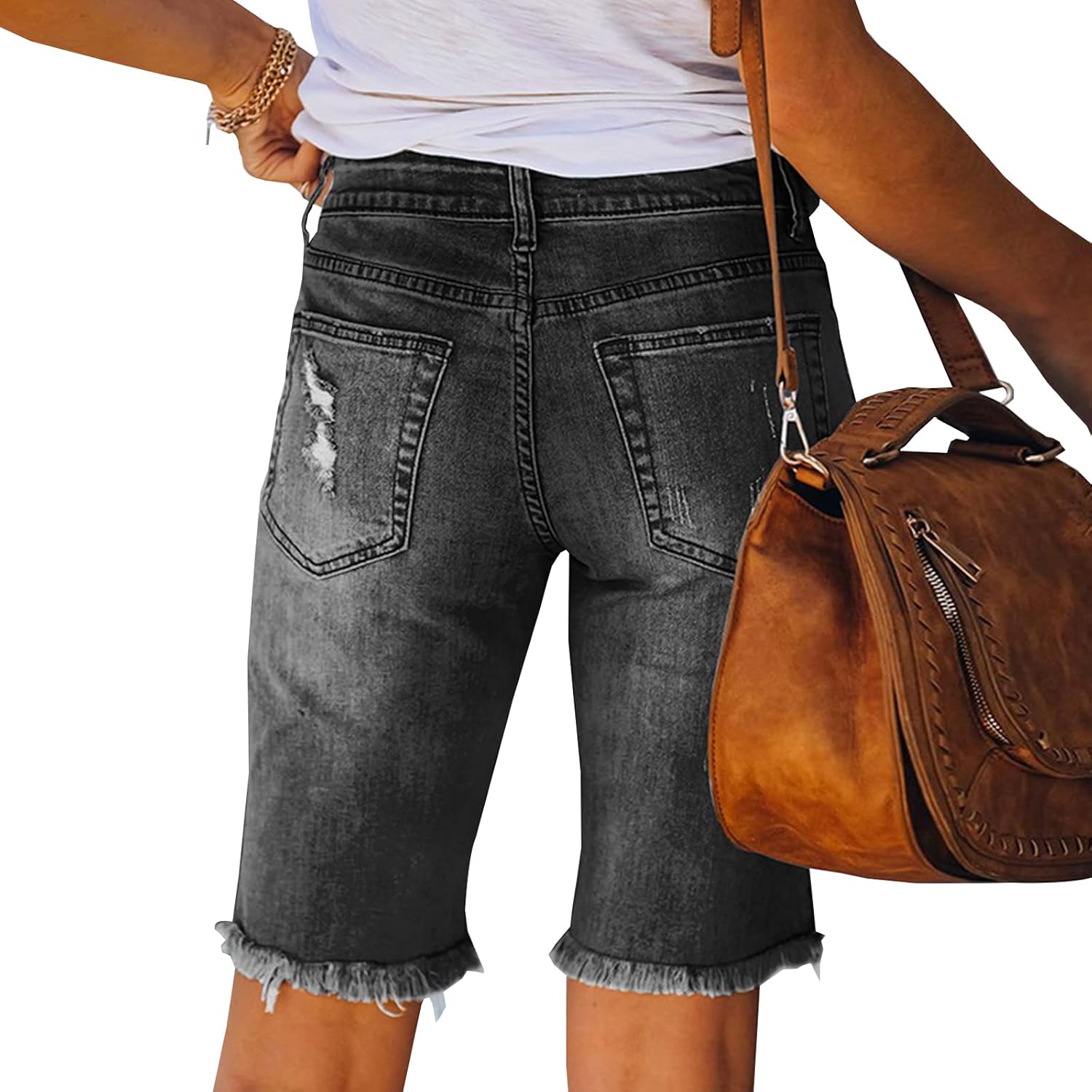 LONGYIDA Womens Jean Shorts High Waisted Denim Bermuda Shorts Ripped Distressed Knee Length Stretch Denim Jean Short - Image 5