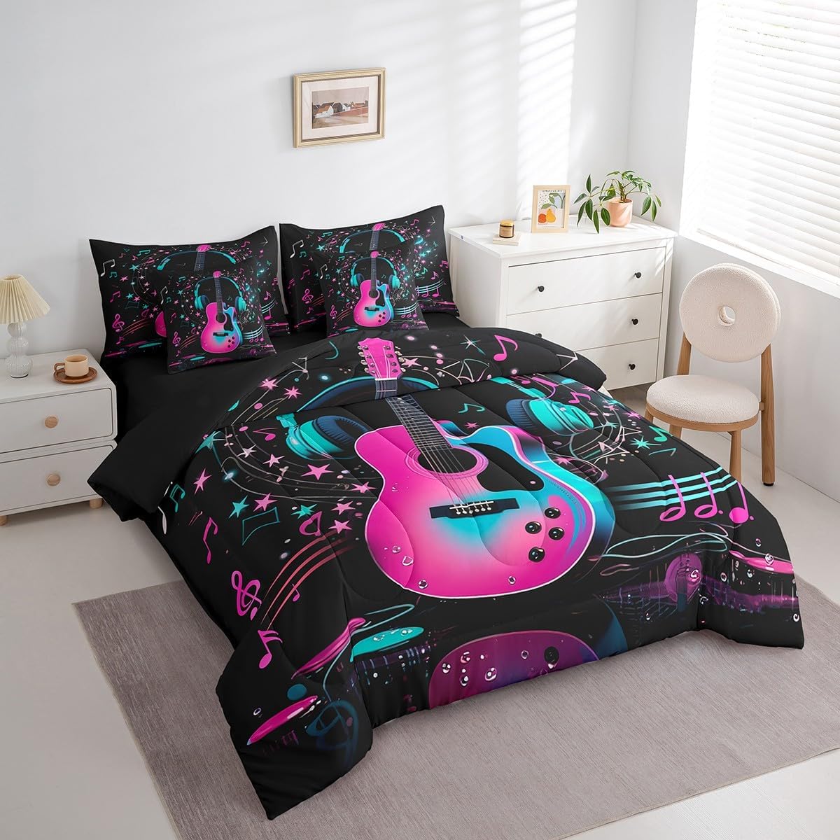 Erosebridal Guitar Music Queen Comforter Set with Sheets 7 Piece Musical Notes Guitar Bed in A Bag Pop Music Theme Bedding Sets for Kids Adults,Fashion Hot Pink Blue Bed Set
