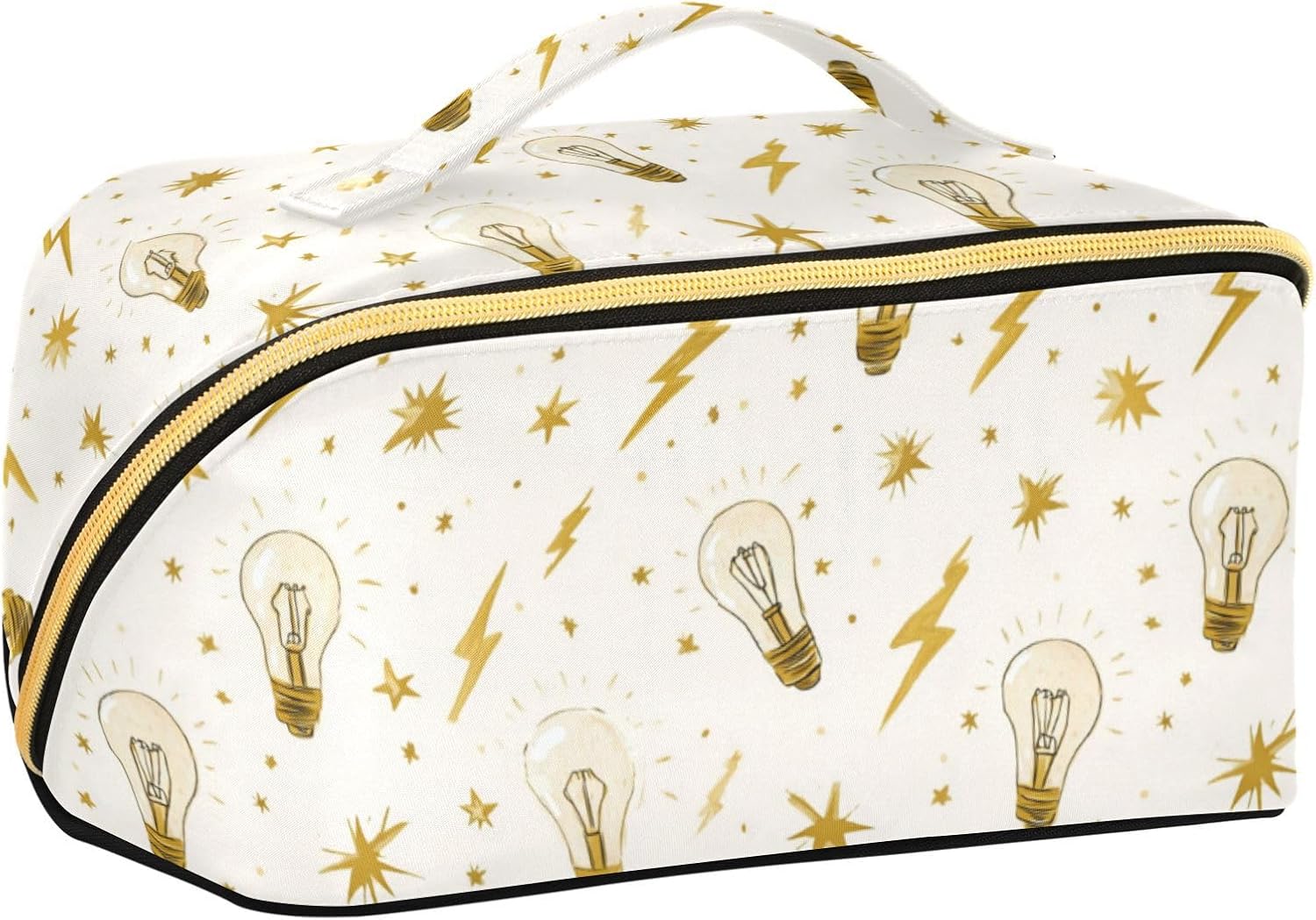 Caikeny Lightning Flash Stars Gold Light Bulb Makeup Bag Cosmetic Organizer with Brush Slot & Compartments, Portable Handle Travel Toiletry Bag for Women