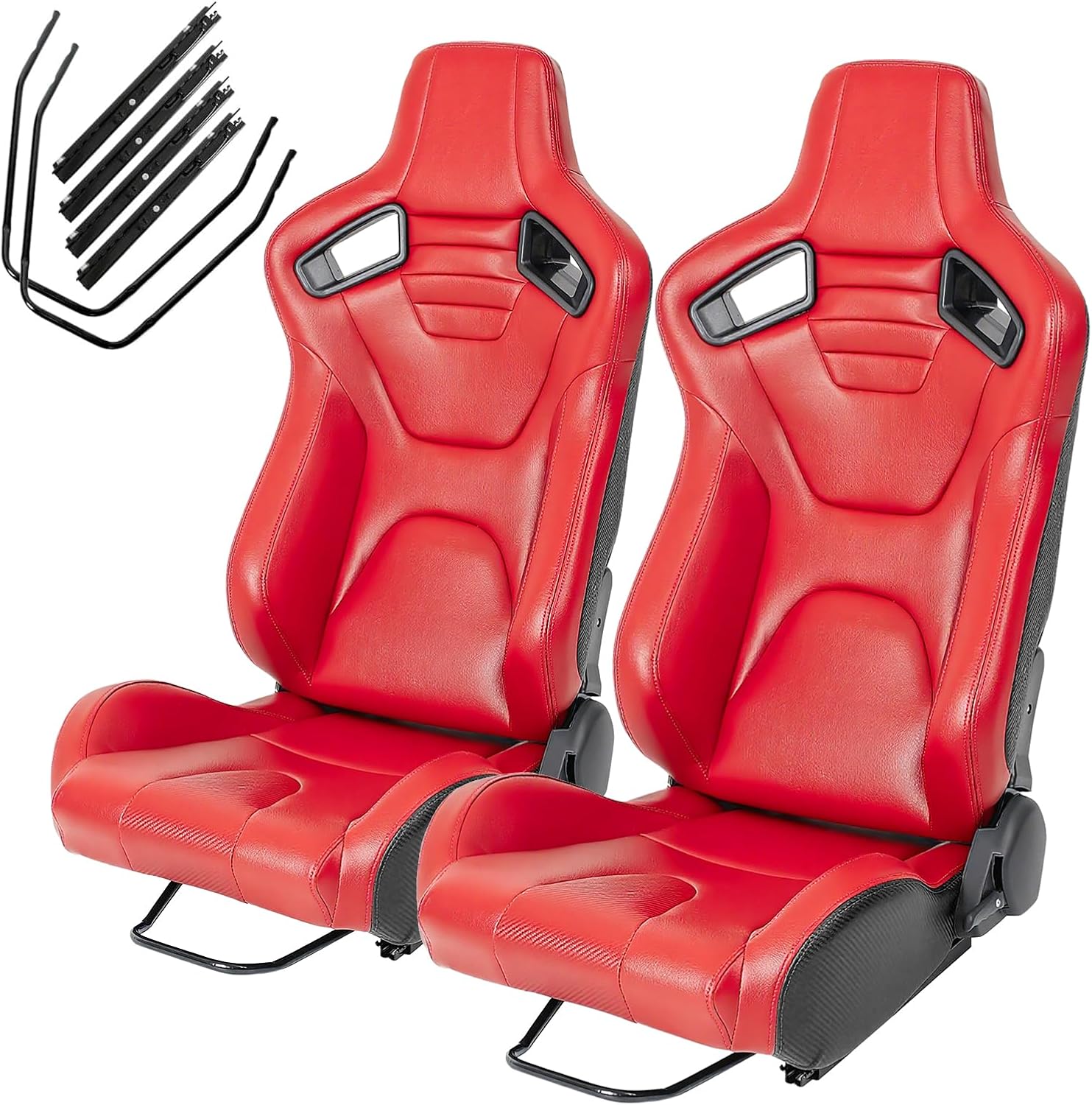 2PCS Reclinable Universal Automotive Racing Seats for Cars with PVC Leather Adjustable Racing Bucket Seats with Dual Sliders,180° Adjustment,Driver and Passenger Side RED